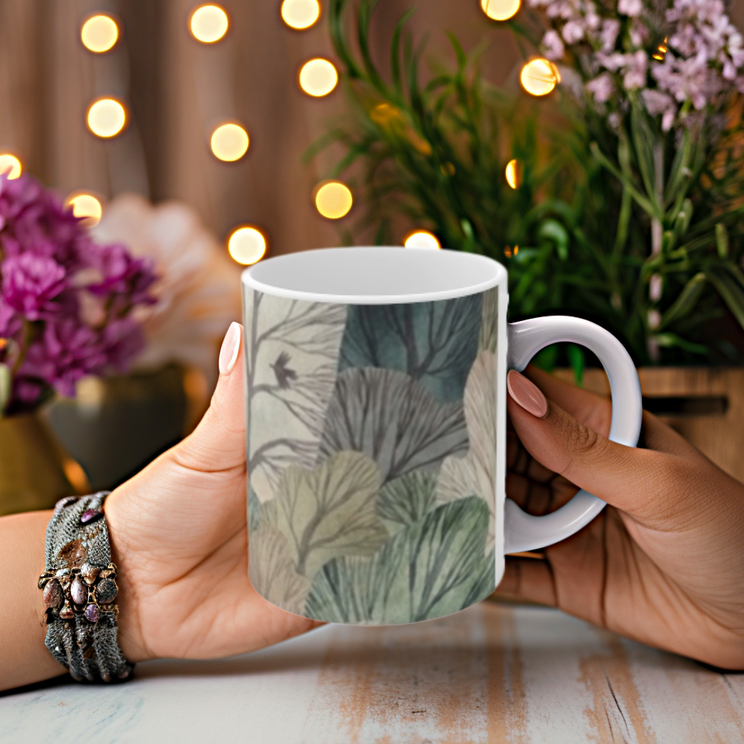 Whimsical Forest Ceramic Mug, Woodland Leaves in Muted Green, Gray and Cream, Cozy Nature Coffee Cup, 11oz & 15oz