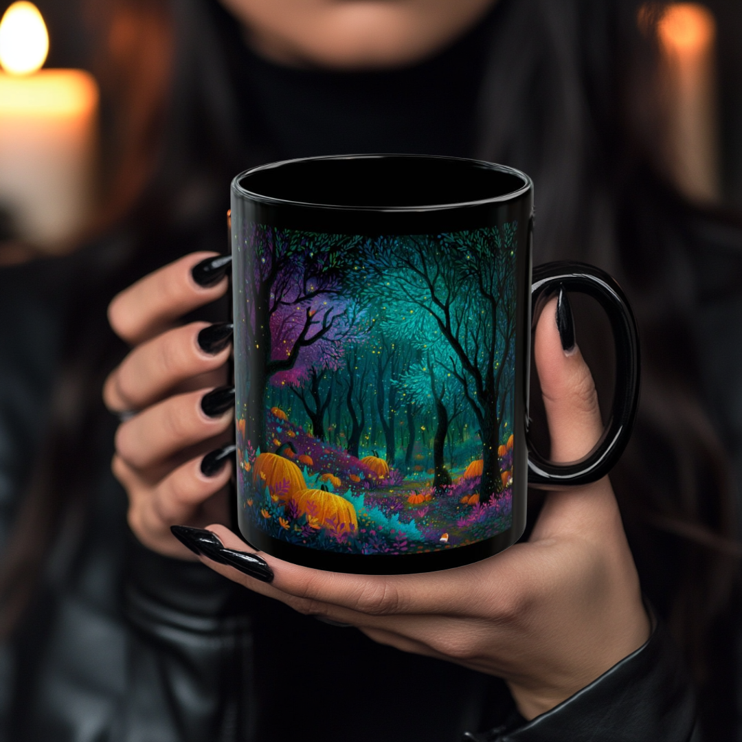 Black Mug with Enchanted Magical Forest, Halloween Coffee Cup, Spooky Autumn Drinkware, 11oz and 15oz
