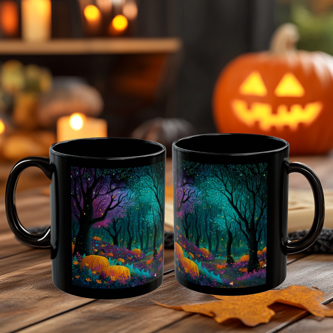Black Mug with Enchanted Magical Forest, Halloween Coffee Cup, Spooky Autumn Drinkware, 11oz and 15oz
