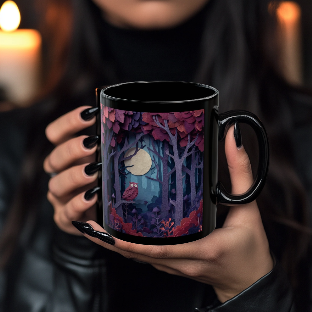 Black Mug with Mystical Forest, Owl and Moon, Colorful Autumn Coffee Cup, Magical Fall Drinkware, 11oz and 15oz