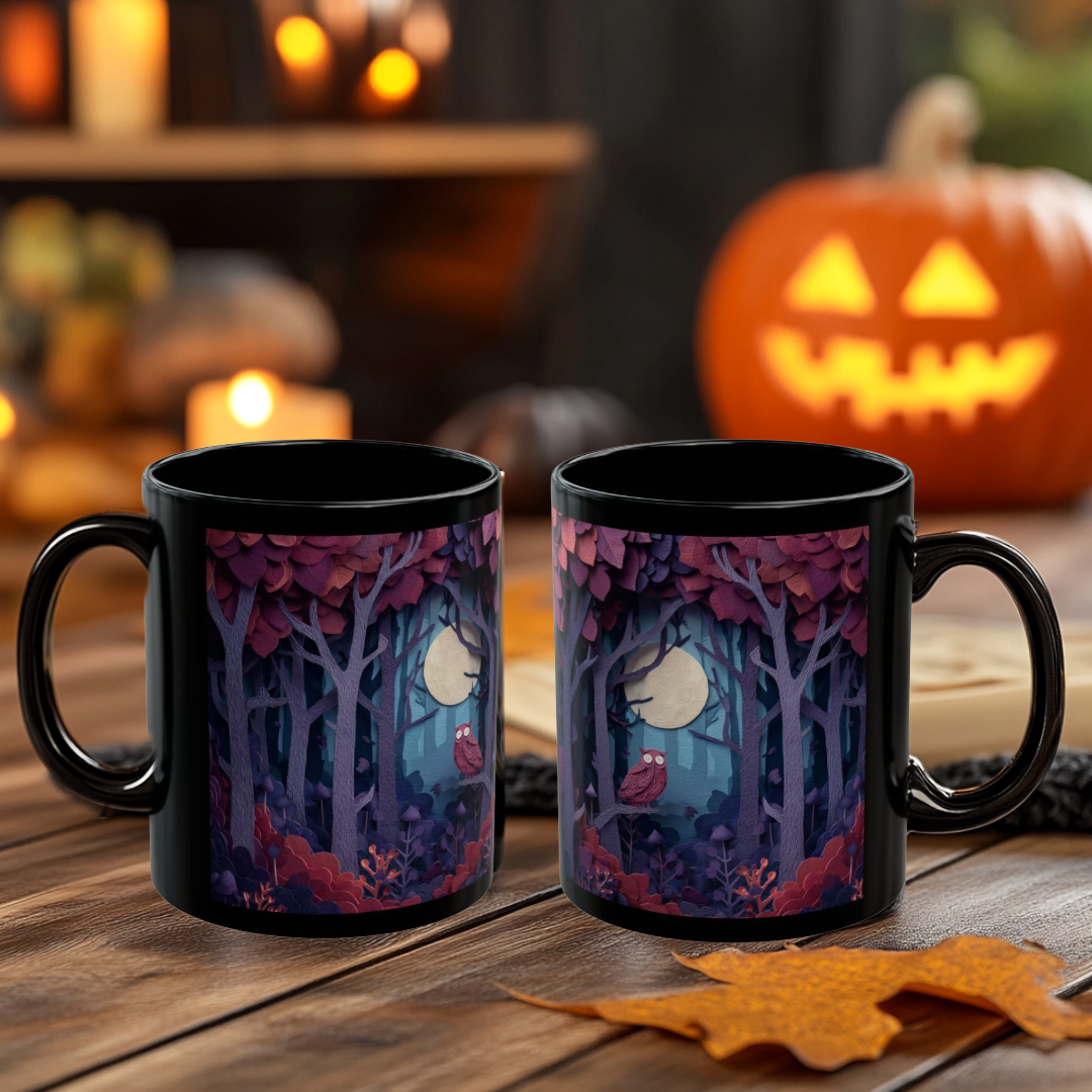 Black Mug with Mystical Forest, Owl and Moon, Colorful Autumn Coffee Cup, Magical Fall Drinkware, 11oz and 15oz