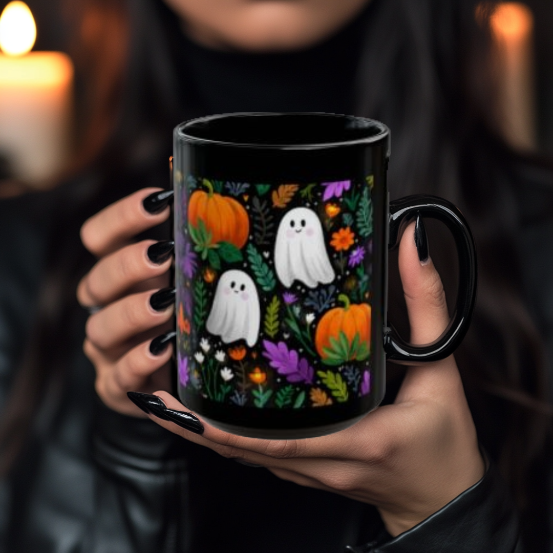 Halloween Black Mug with Cute Ghosts, Pumpkins and Flowers, 11 oz and 15 oz, Fall Decor, Spooky Gift, Autumn Mug, Halloween Celebration