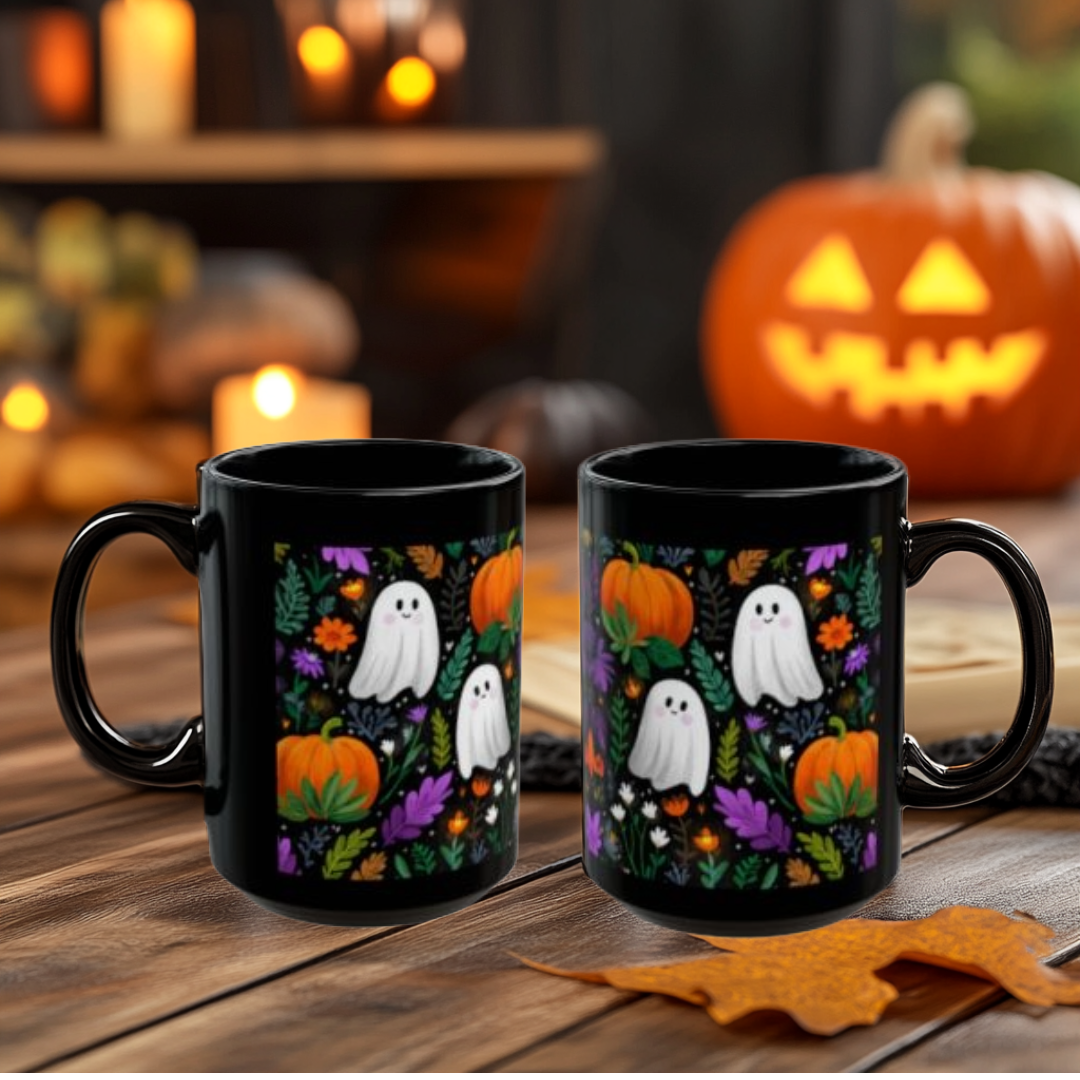 Halloween Black Mug with Cute Ghosts, Pumpkins and Flowers, 11 oz and 15 oz, Fall Decor, Spooky Gift, Autumn Mug, Halloween Celebration