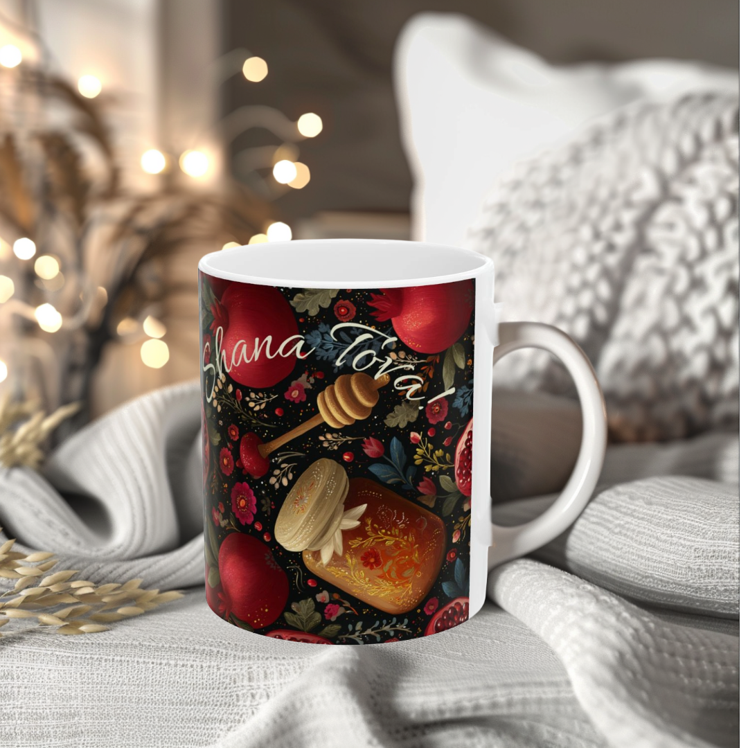 Rosh Hashanah Mug, Ceramic Cup with Honey, Apples, and Pomegranates, Sweet Jewish New Year Gift, 11oz, 15oz, and mugs