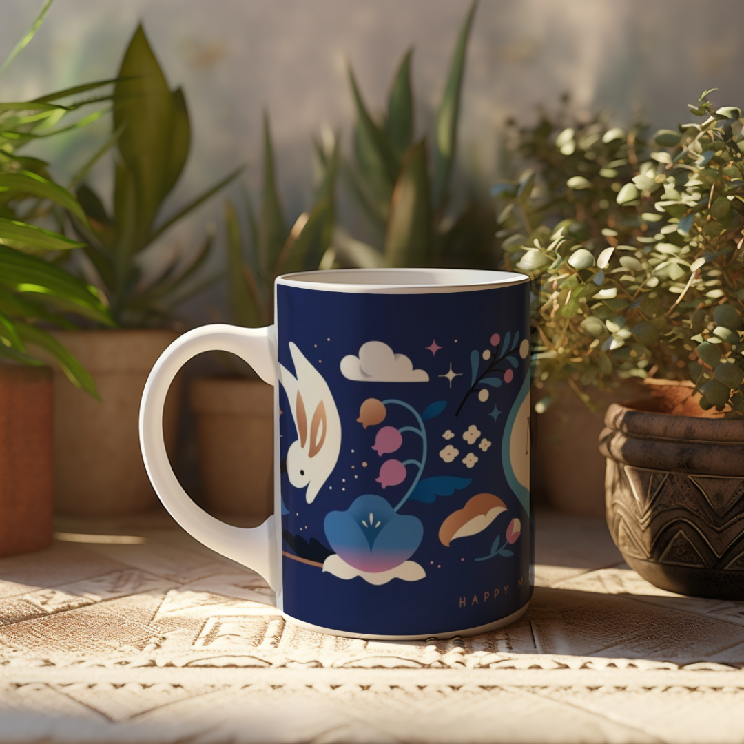 Mid-Autumn Festival Ceramic Mug,  Mid Autumn Festival Mug, Moon Rabbit Coffee Cup, Bunny Tea Mug, Asian Holiday Gift, 11oz & 15oz Mug