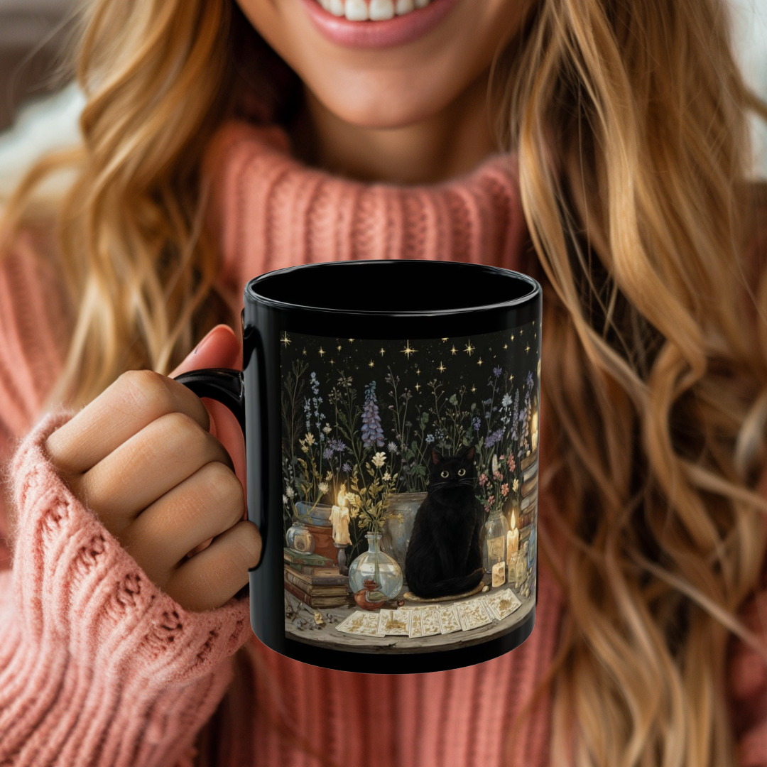 Witchy Black Cat Alchemy Mug — Candlelit Potions & Starry Books (11oz/15oz)