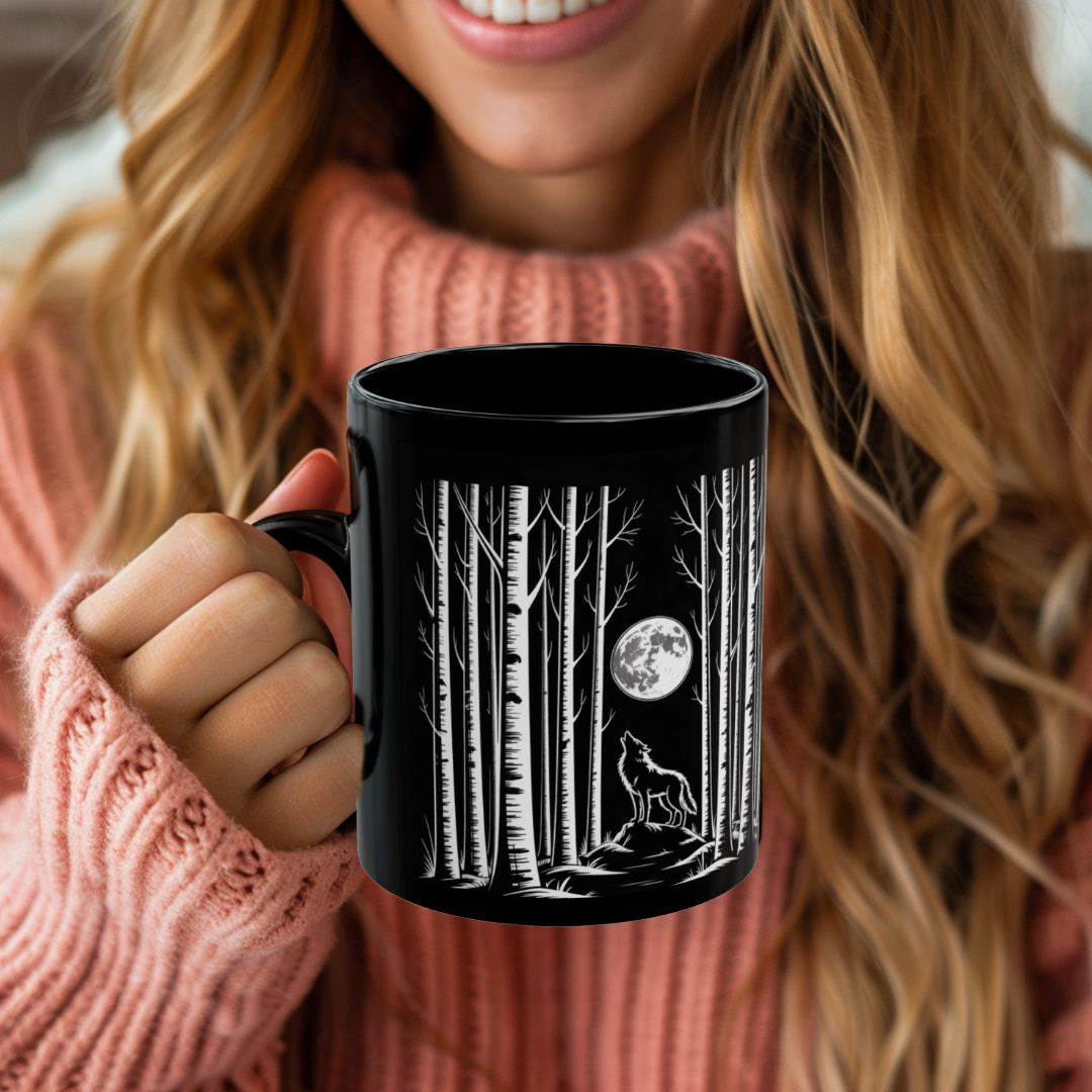 Wolf Howling at the Moon Forest Mug — Black Ceramic Coffee Cup (11oz, 15oz)