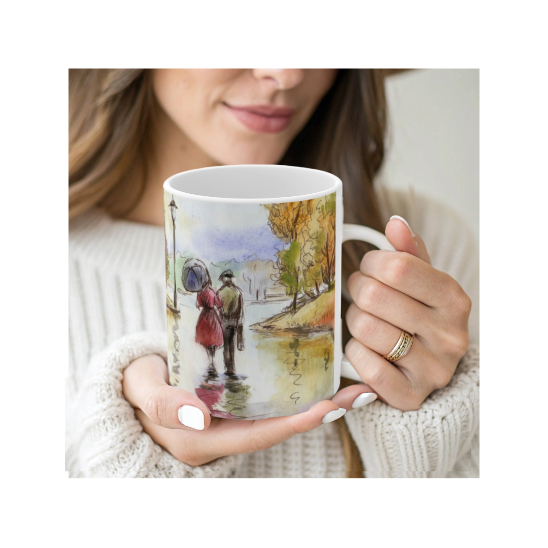 Romantic Autumn Stroll Coffee Mug — 11oz Scenic Park Watercolor Mug