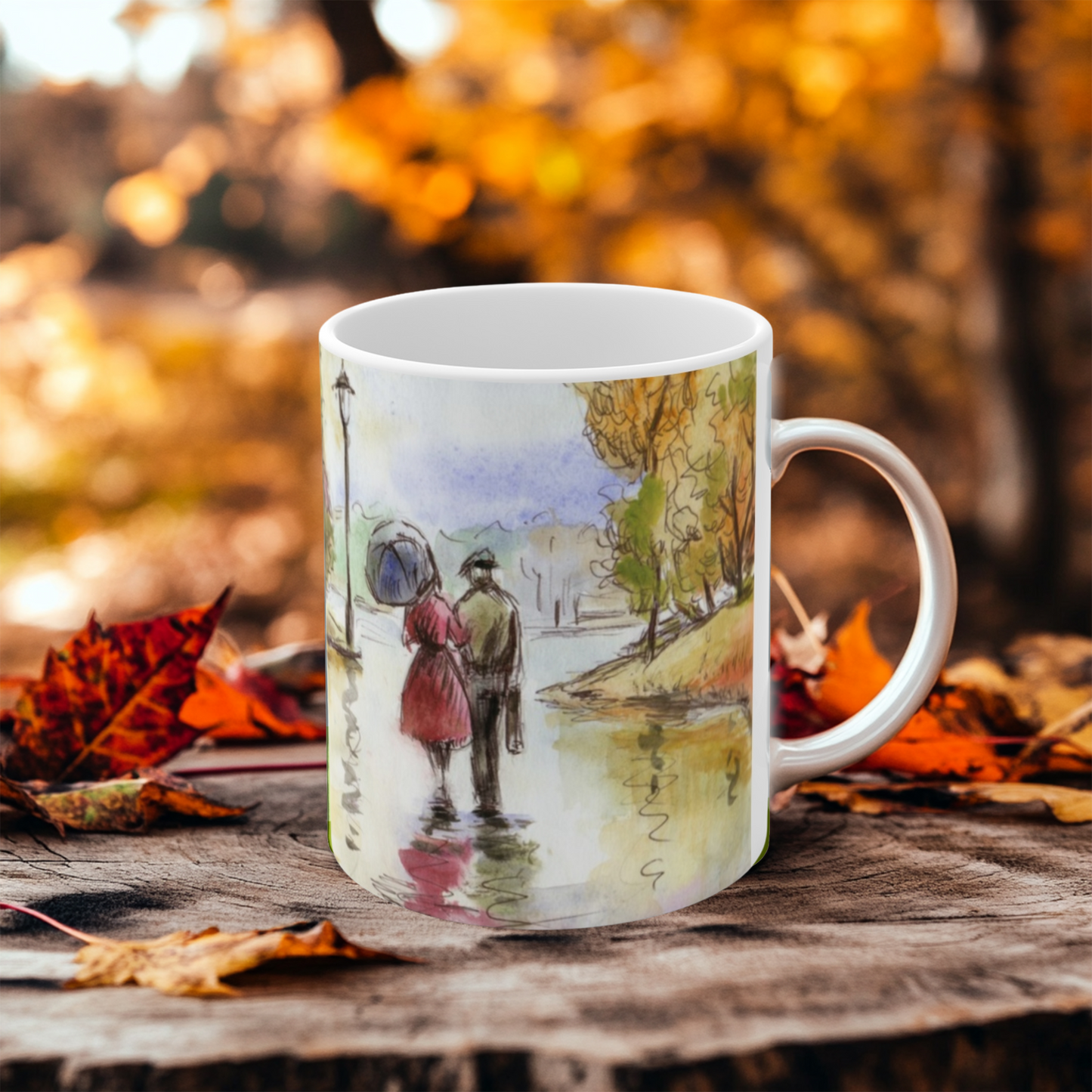 Romantic Autumn Stroll Coffee Mug — 11oz Scenic Park Watercolor Mug