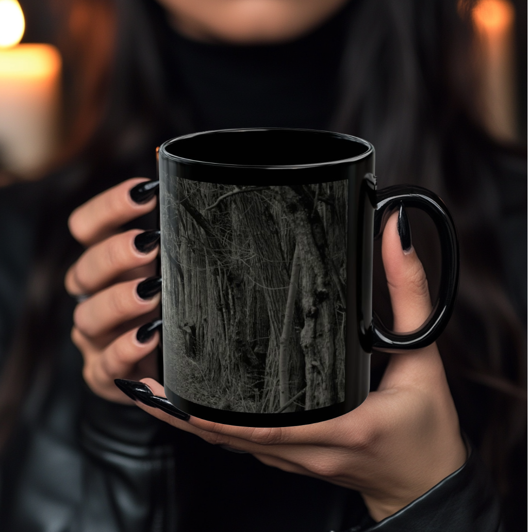 Black Ceramic Mug — Gothic Moody Forest Tunnel Photography (11oz & 15oz)