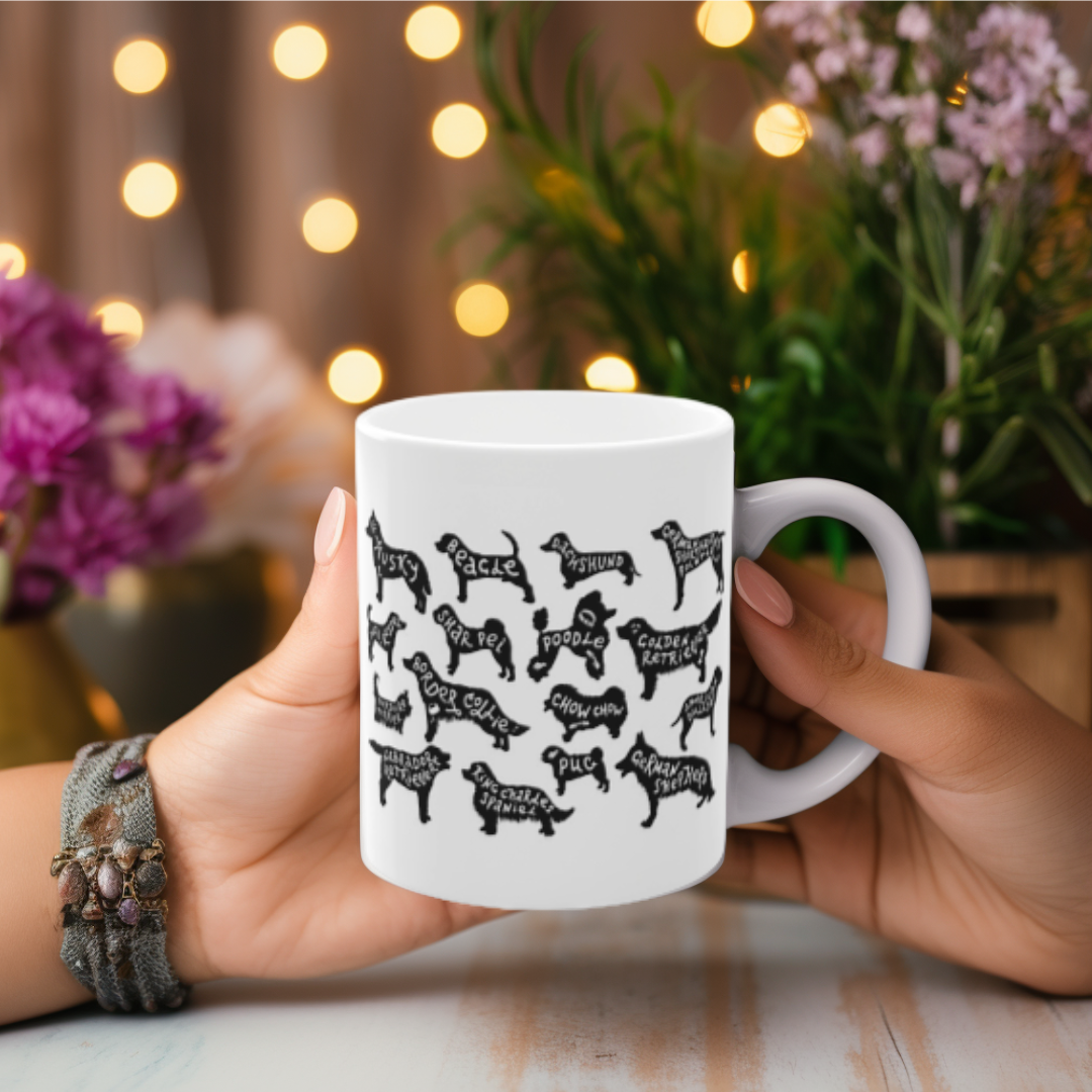 Dog Breeds Mug – Black Silhouette Breed Names Coffee Cup (11 oz)