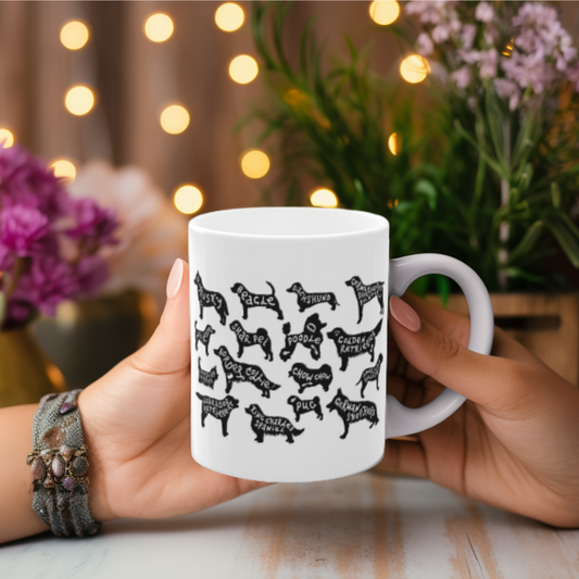 Dog Breeds Mug – Black Silhouette Breed Names Coffee Cup (11 oz)