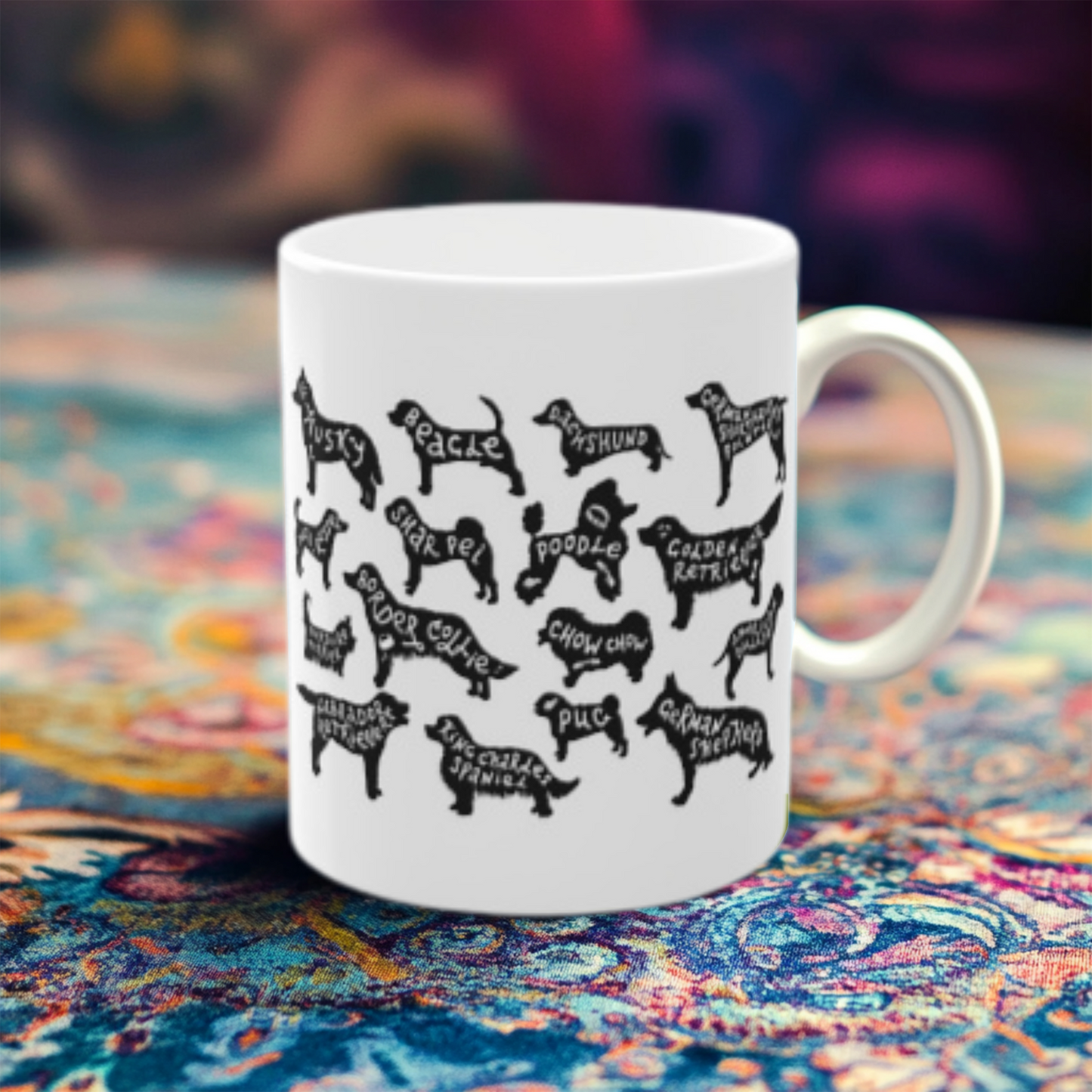 Dog Breeds Mug – Black Silhouette Breed Names Coffee Cup (11 oz)