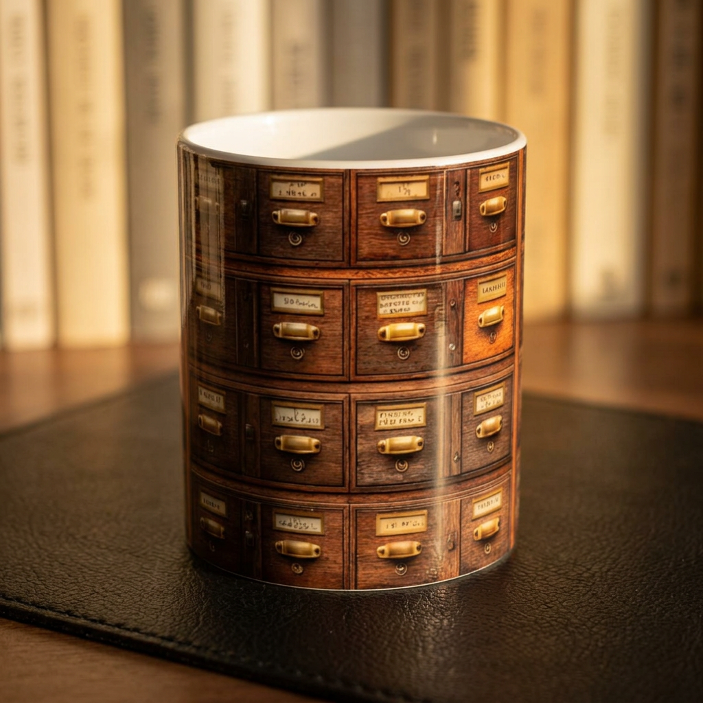 Vintage Library Card Catalog Mug — Antique Wooden Drawer Pattern Ceramic Coffee Cup (11oz/15oz)