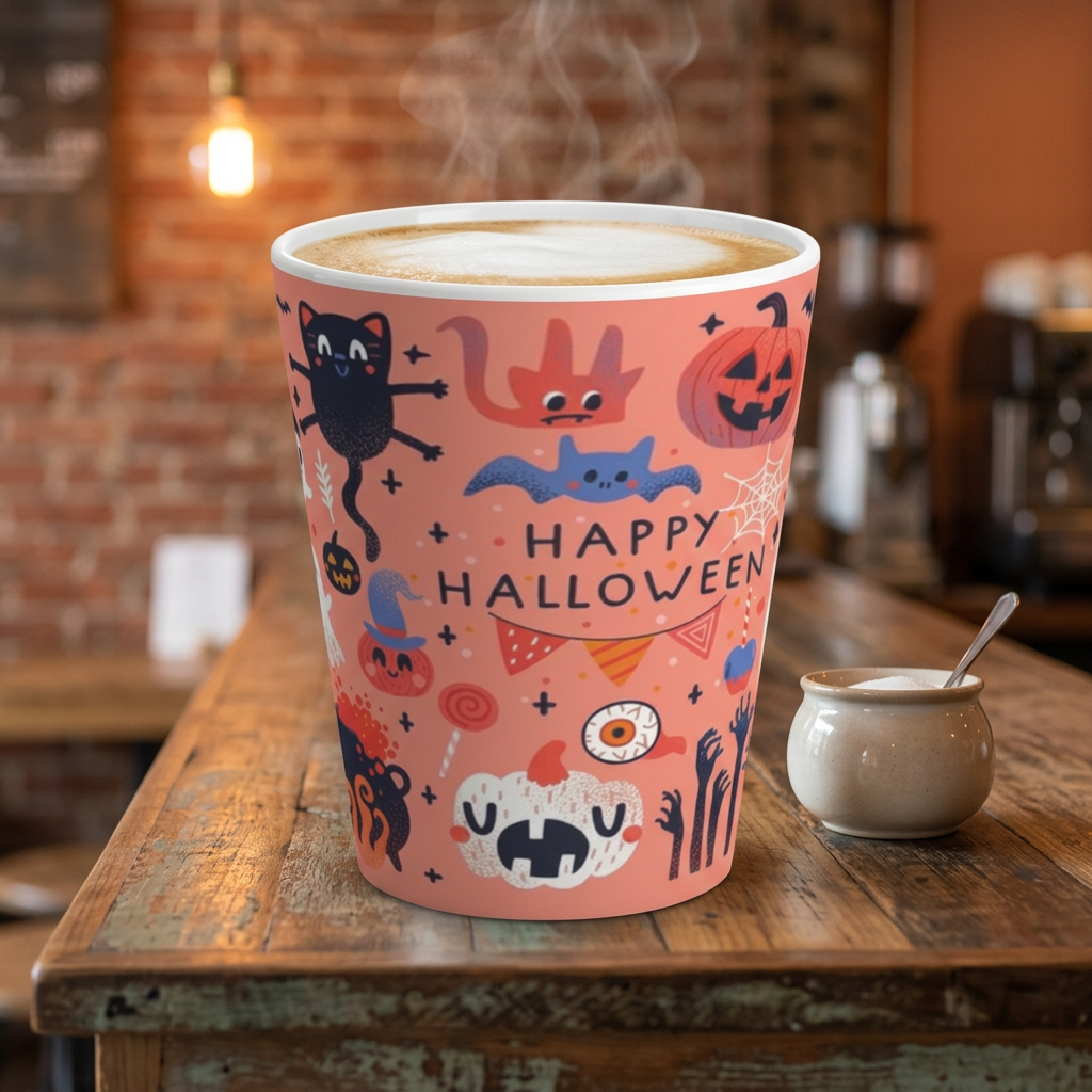 Happy Halloween Latte Mug — Cute Spooky Cats, Ghosts & Pumpkins Coffee Cup