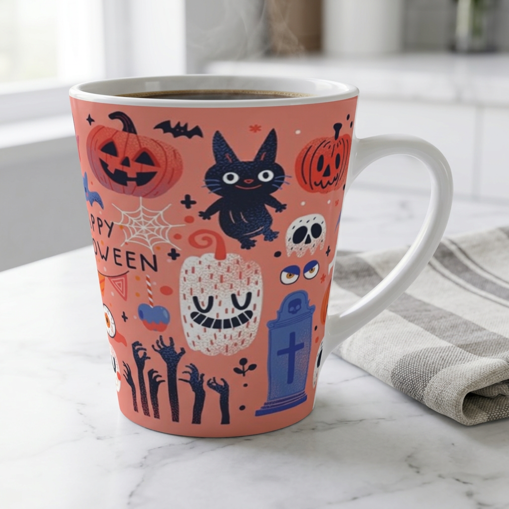Happy Halloween Latte Mug — Cute Spooky Cats, Ghosts & Pumpkins Coffee Cup