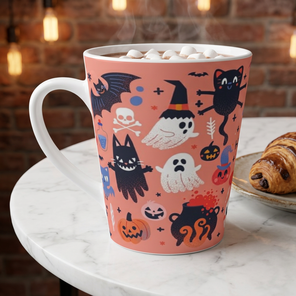 Happy Halloween Latte Mug — Cute Spooky Cats, Ghosts & Pumpkins Coffee Cup