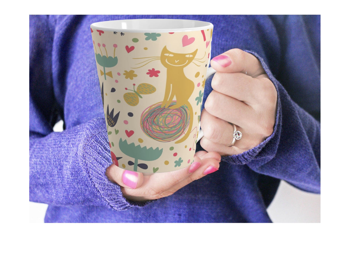 Whimsical Cat Garden Latte Mug - 12oz Colorful Ceramic Mug, Mug for Tea and Coffee Lovers, Orange Cat with Butterflies Mug, Cat Lovers Mug