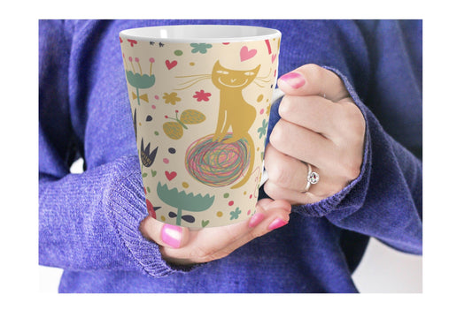 Whimsical Cat Garden Latte Mug - 12oz Colorful Ceramic Mug, Mug for Tea and Coffee Lovers, Orange Cat with Butterflies Mug, Cat Lovers Mug
