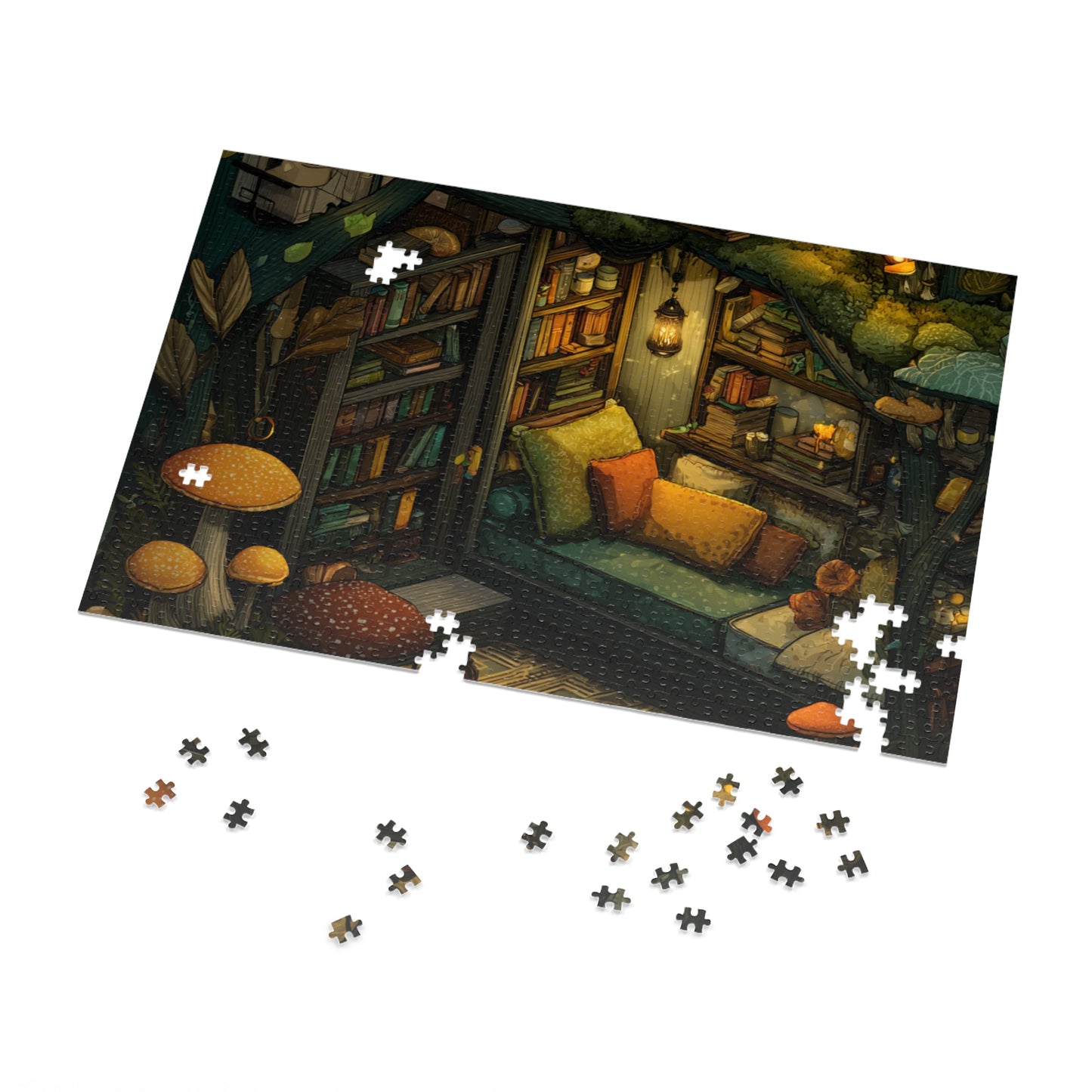 Cozy Mushroom Reading Nook Jigsaw Puzzle with Tin