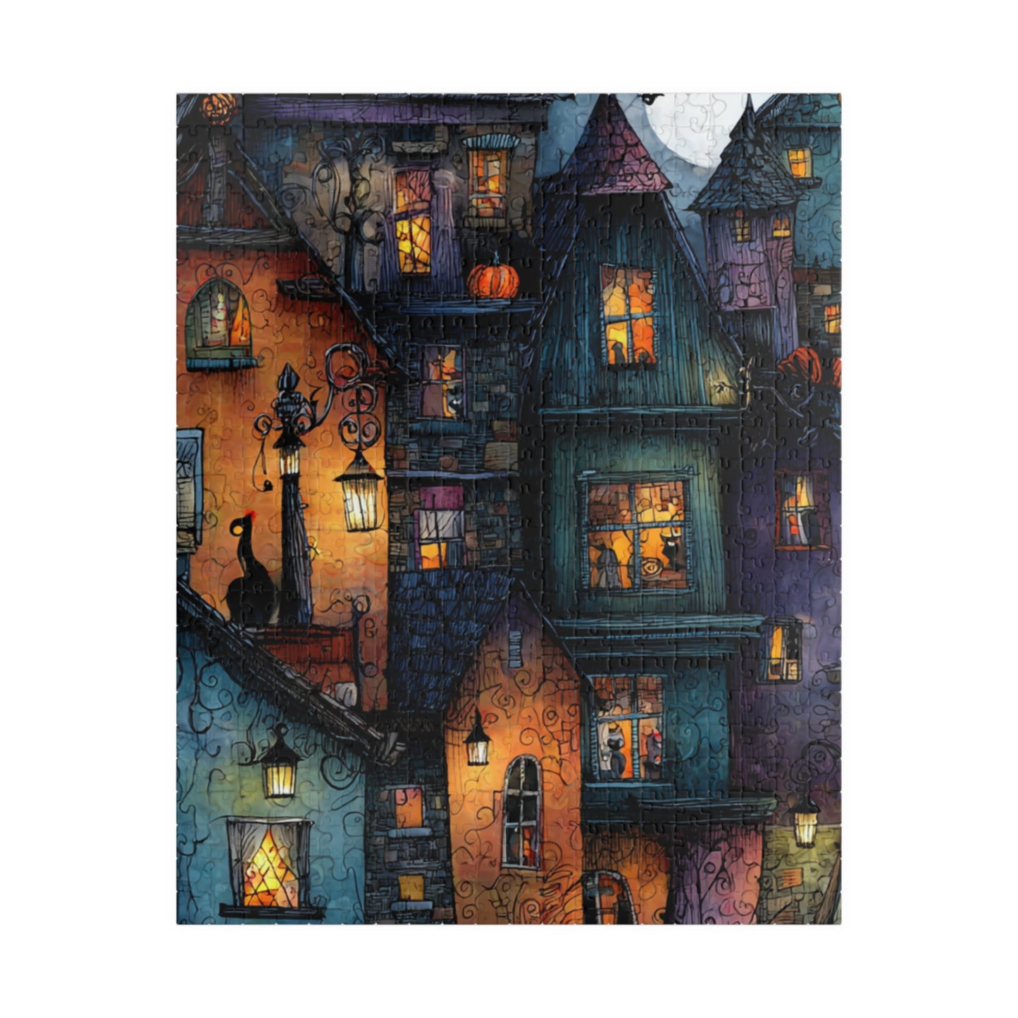 Spookington Village Puzzle Collection, Creepy Halloween Town with Black Cats in Windows, Whimsical & Spooky Jigsaw Halloween Themed Puzzle