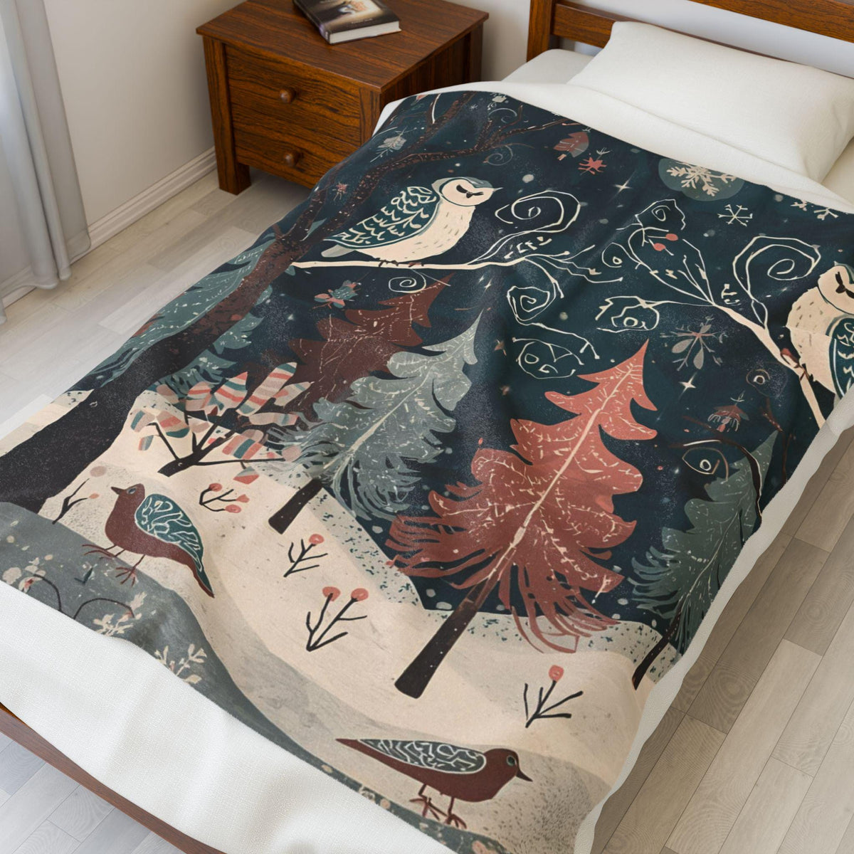 Whimsical Winter Owl Forest Velveteen Plush Blanket | Cozy Woodland Throw | Soft Plush Blanket Gift | Snowy Owl and Pine Tree Decor