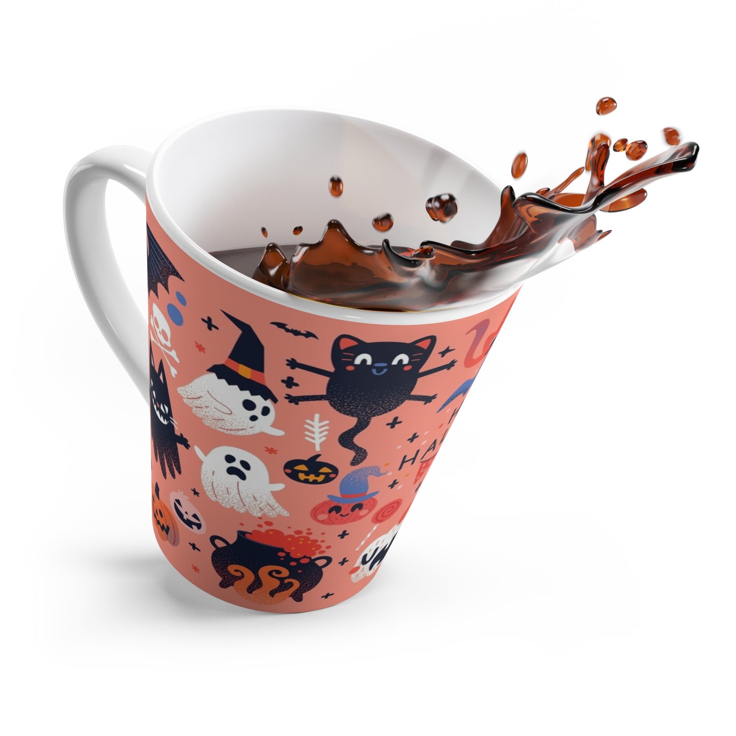 Happy Halloween Latte Mug — Cute Spooky Cats, Ghosts & Pumpkins Coffee Cup