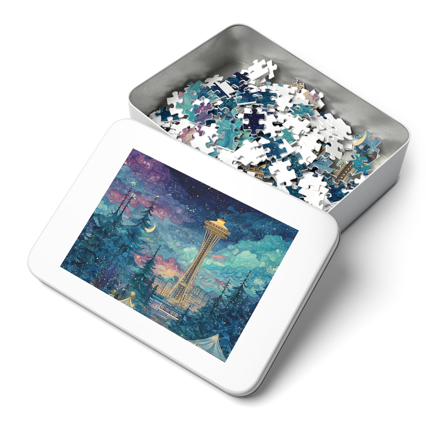 Whimsical Seattle Jigsaw Puzzle with Tin