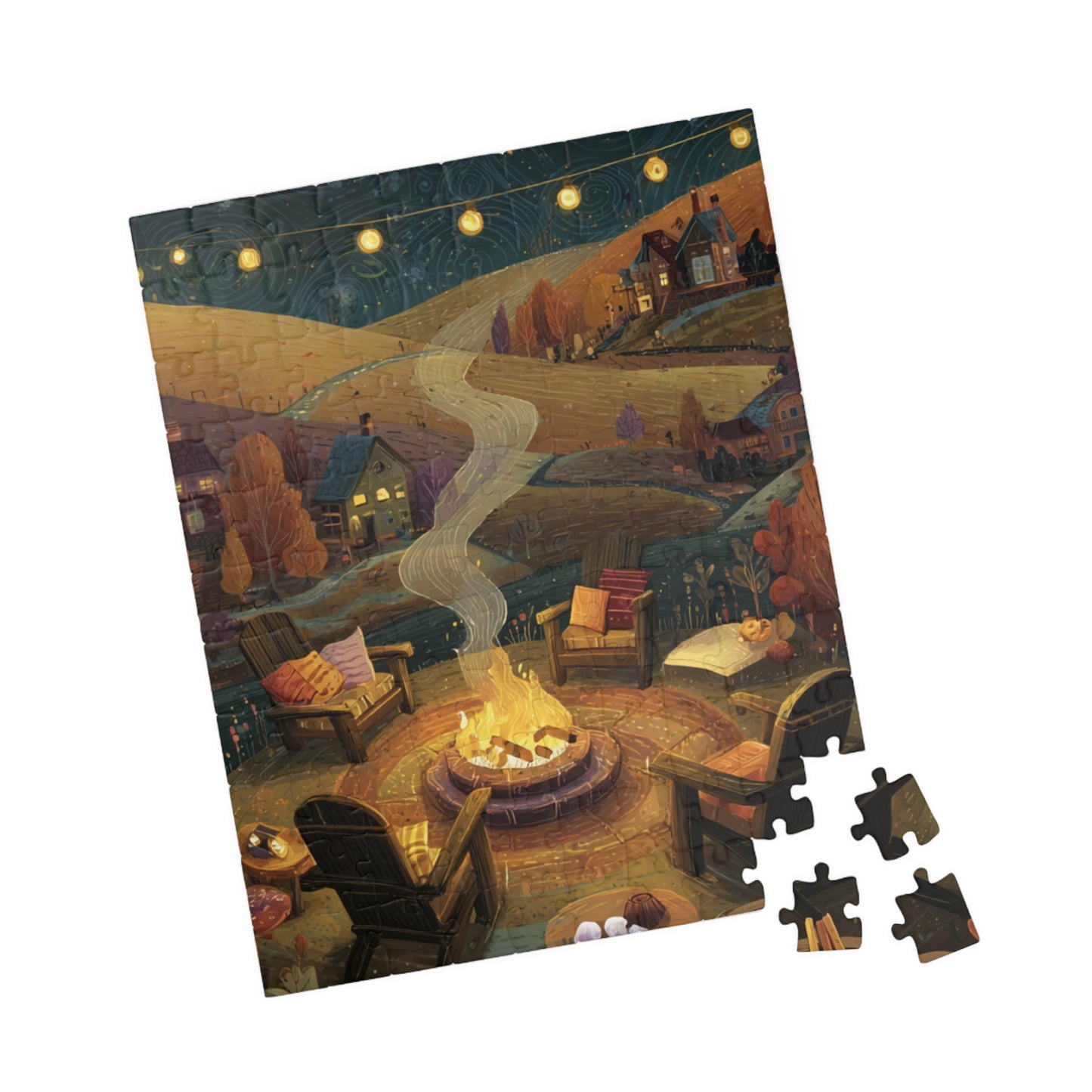 Cozy Countryside Evening Puzzle – Rustic Campfire Scene, Perfect Gift for Puzzle Lovers