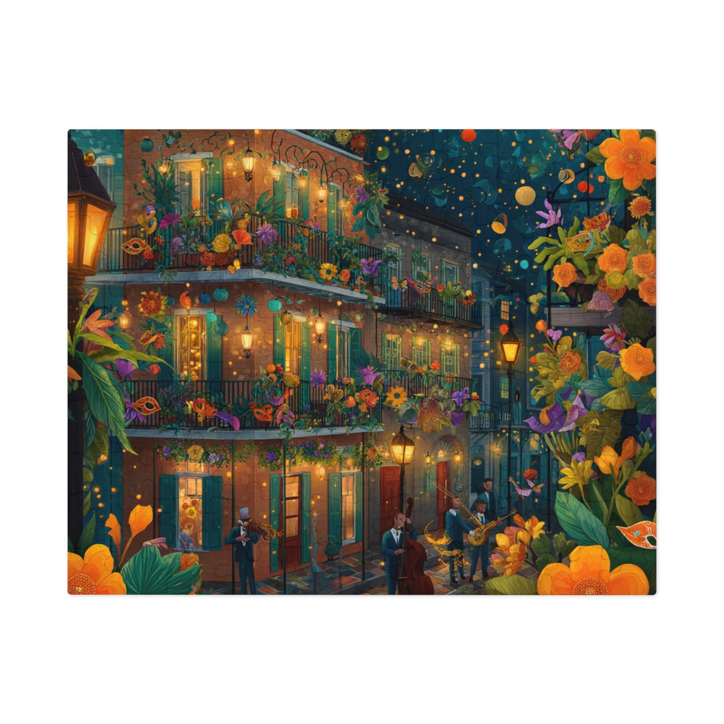 Whimsical New Orleans Jazz Puzzle – A Colorful Night in the Crescent City Jigsaw Puzzle with Tin