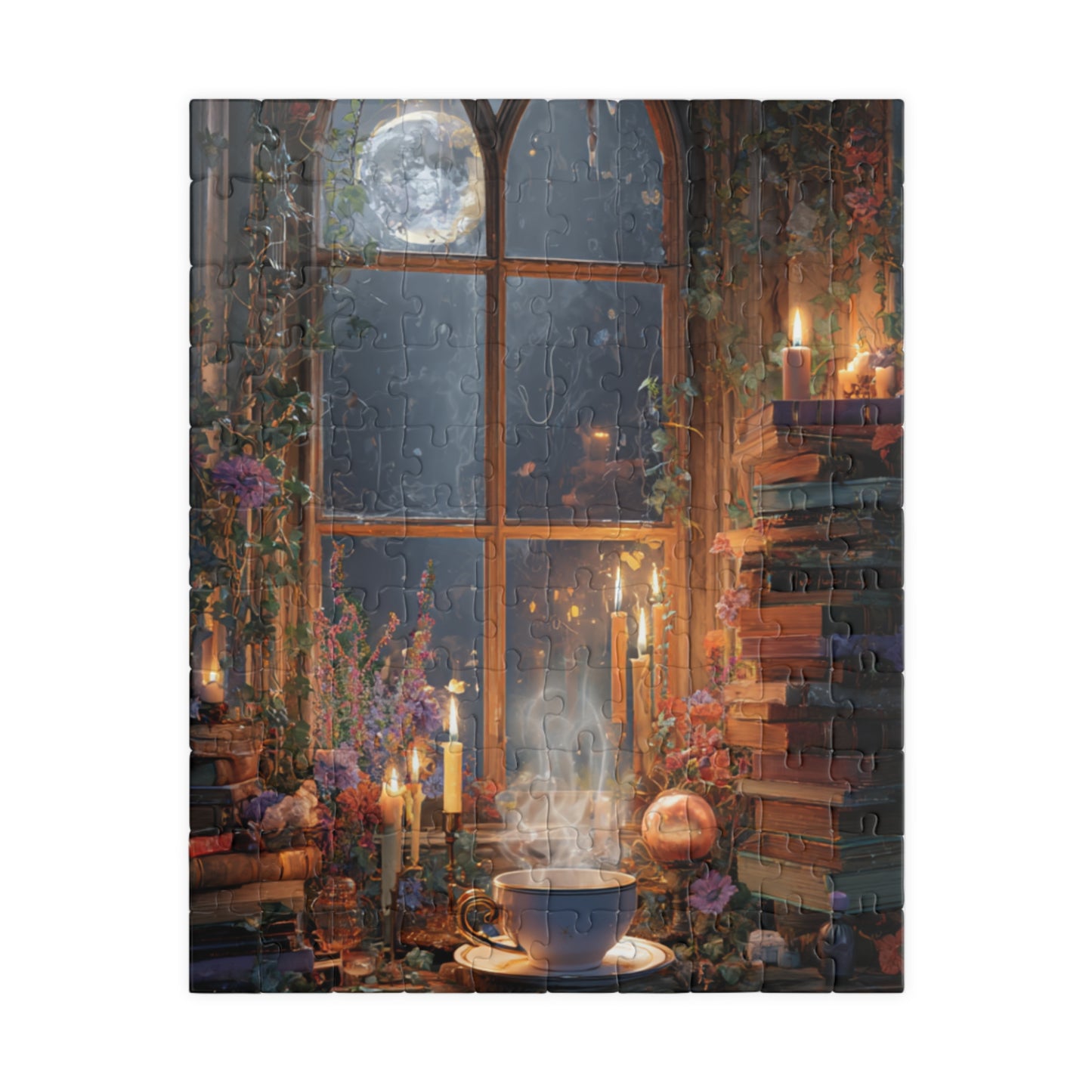 Moonlit Witchs Den Puzzle with Spellbooks, Herbal Remedies and Candlelit Magic Jigsaw Puzzle, Witchy Puzzle, Halloween Puzzle