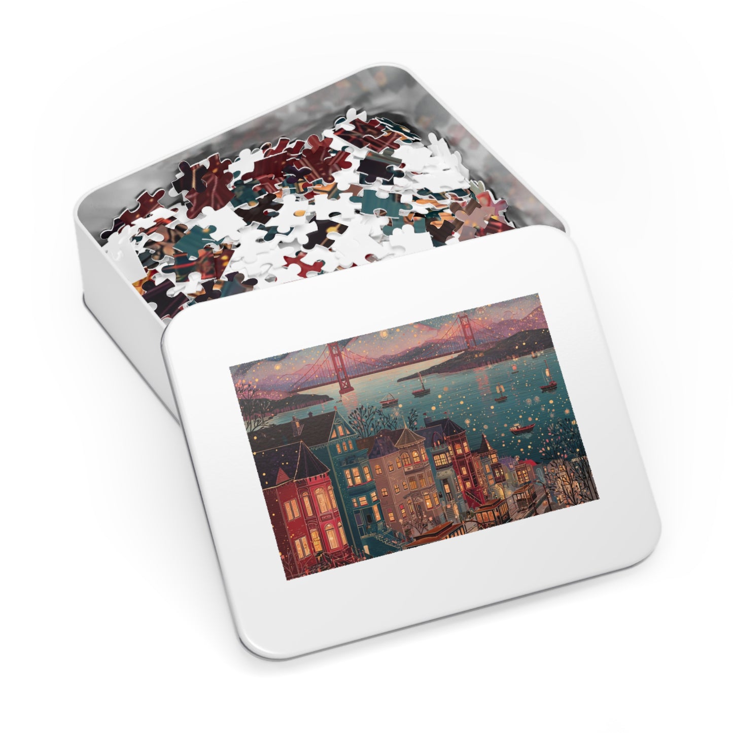 Whimsical San Francisco Puzzle – A Colorful City by the Bay-Jigsaw Puzzle with Tin