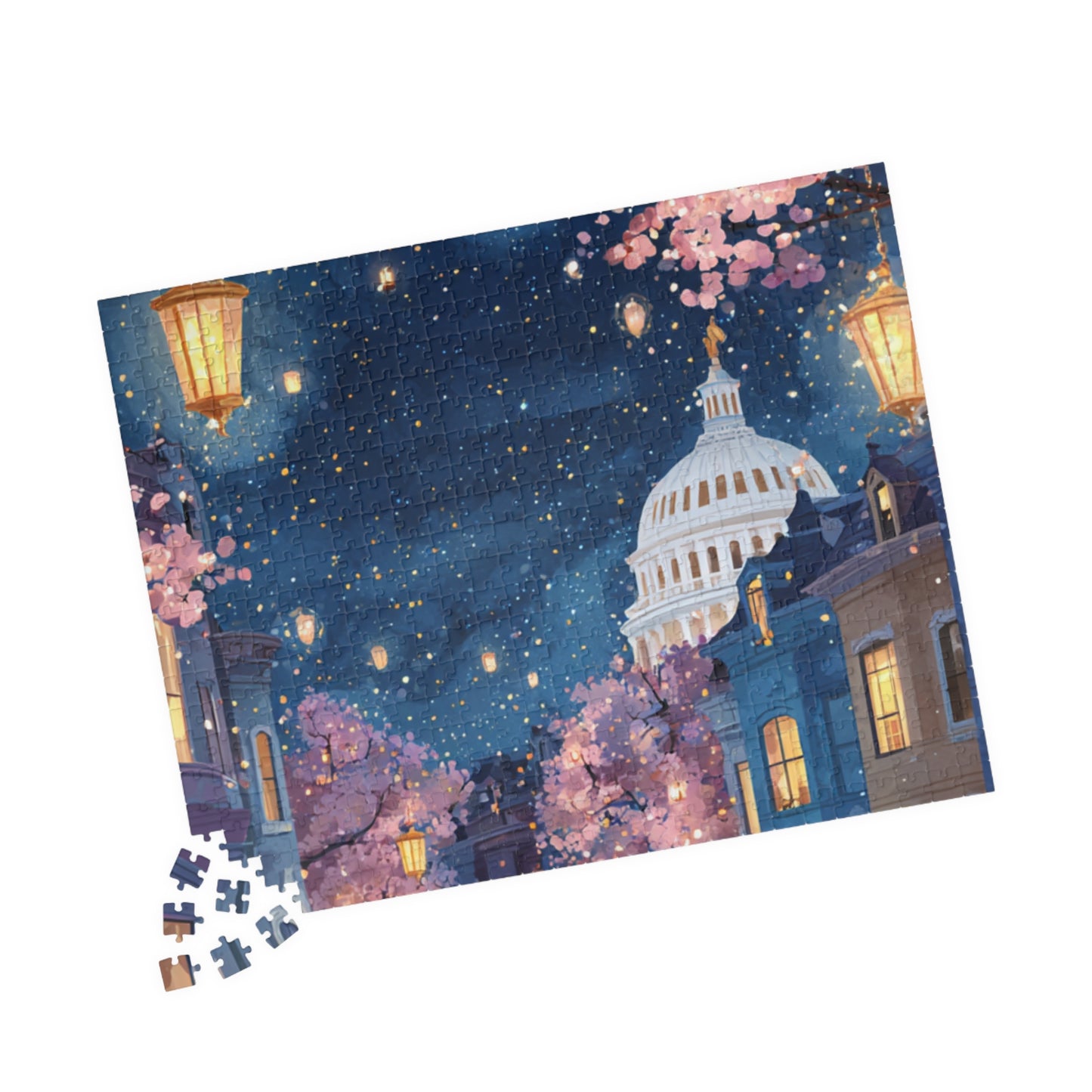 Cherry Blossom Night Skyline Puzzle — Washington Capitol Evening Jigsaw (110–1014 pcs)
