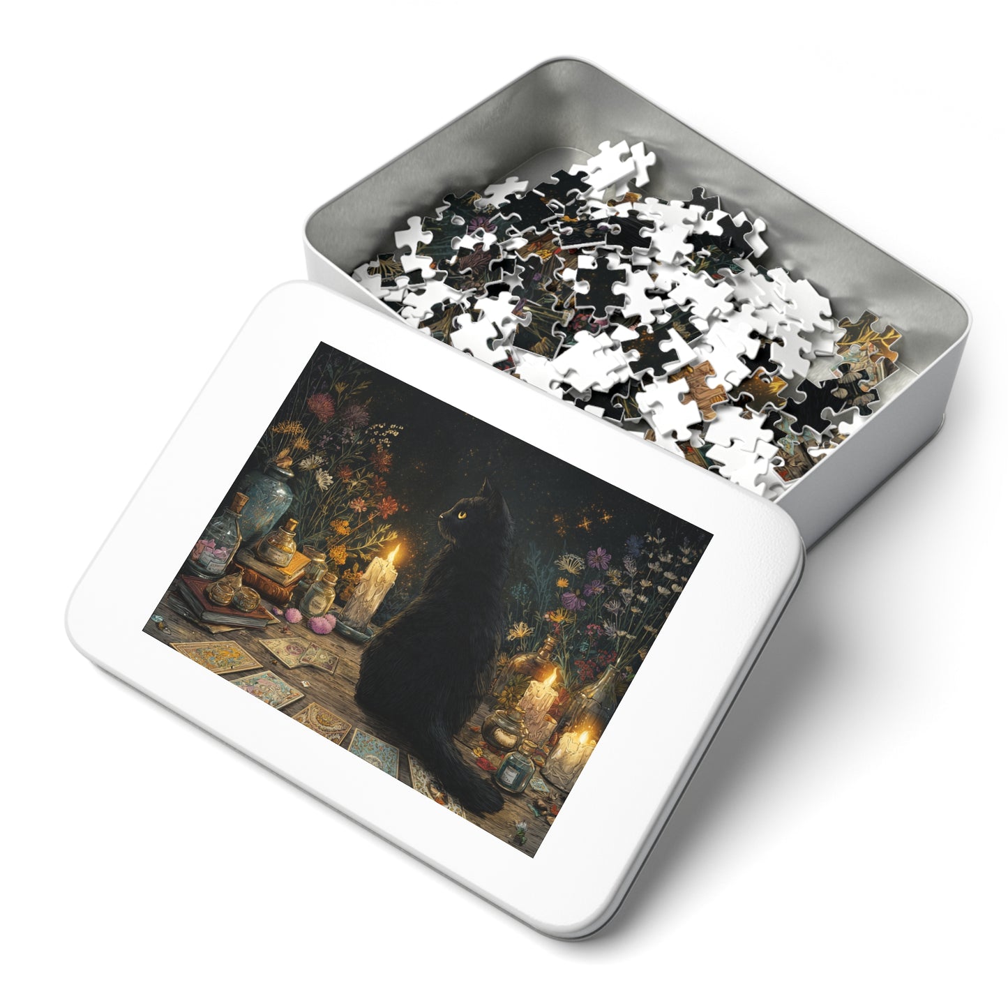 Mystical Black Cat Puzzle,  Enchanted Tarot, Candles & Herbs Jigsaw Puzzle in Gift Tin - Mystical Vibes, Halloween Gift. Gothic Gift