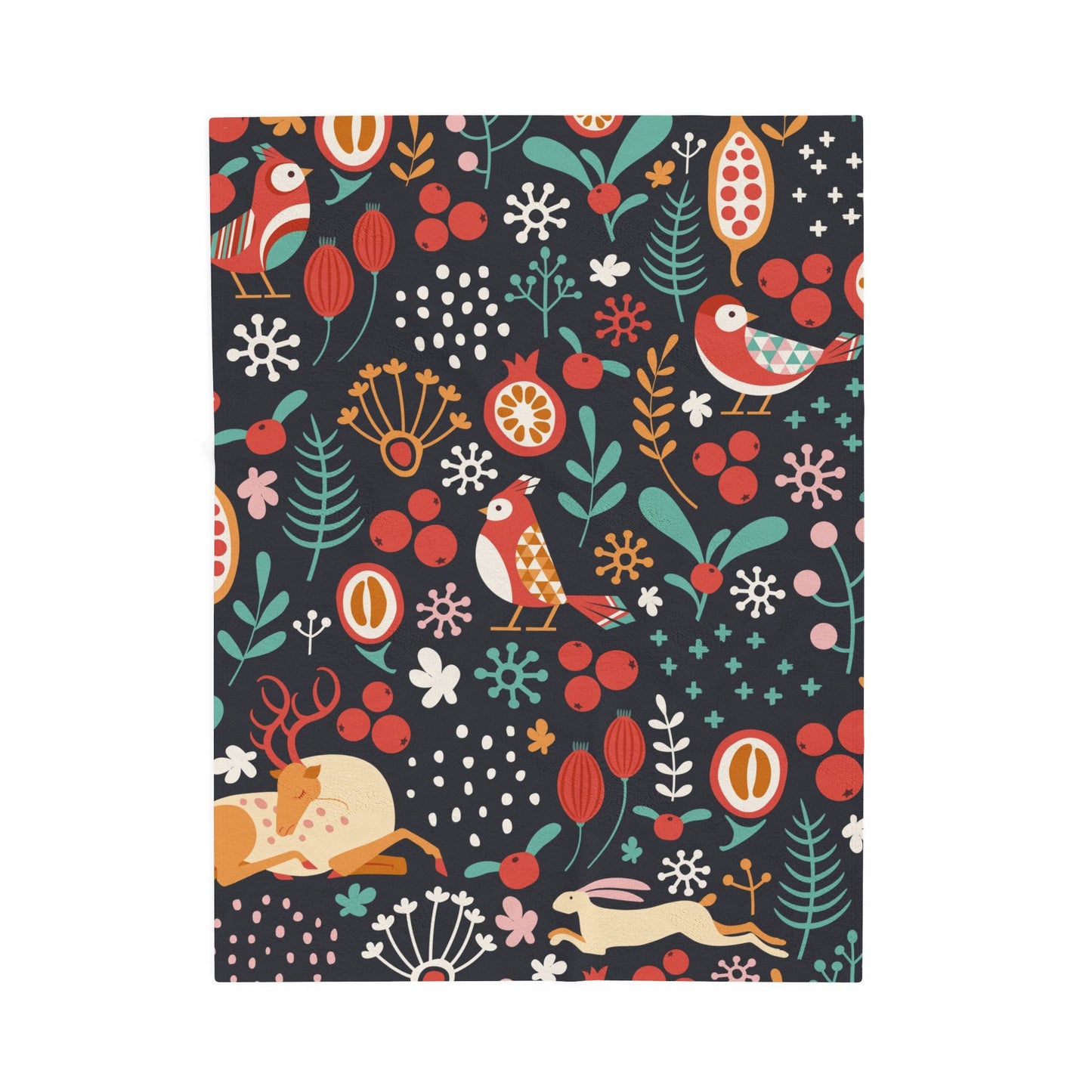 Velveteen Plush Blanket — Whimsical Forest Animals & Berries Throw