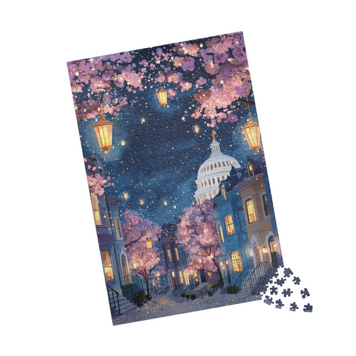 Cherry Blossom Night Skyline Puzzle — Washington Capitol Evening Jigsaw (110–1014 pcs)