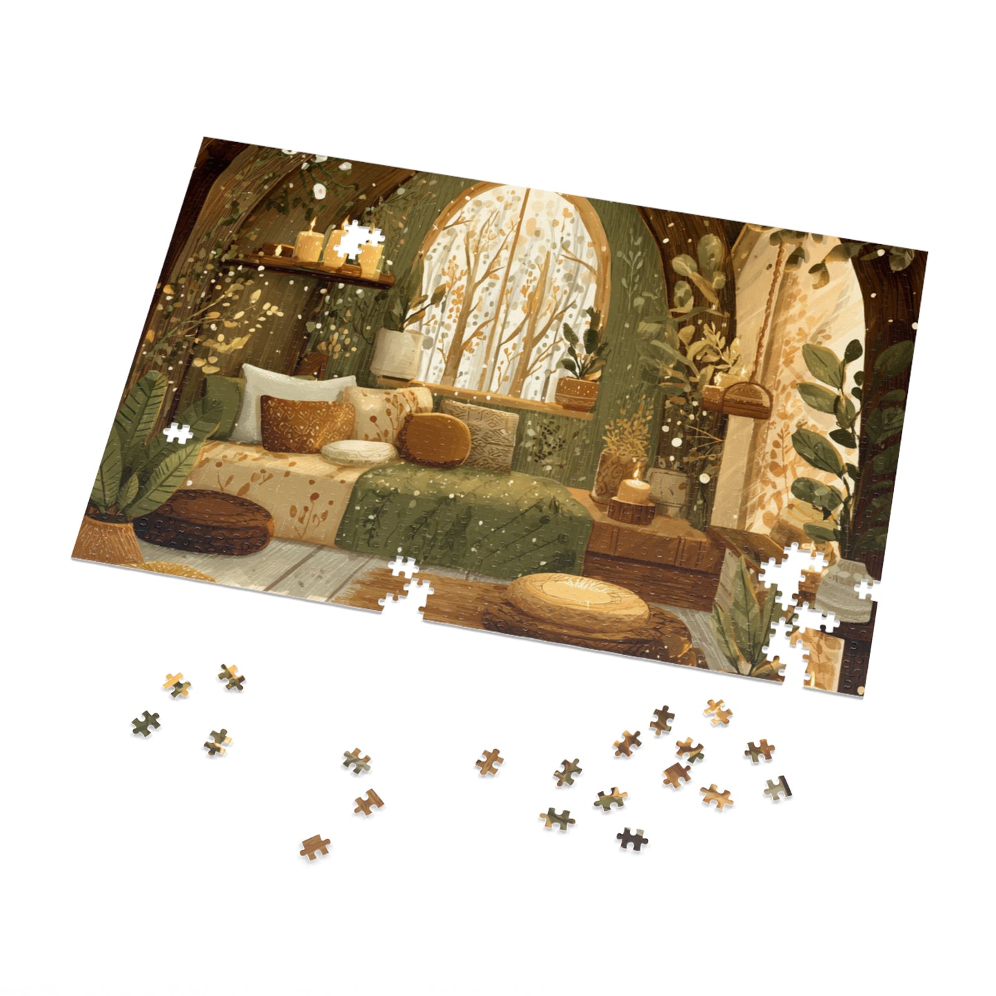 Cozy Green Nook Jigsaw Puzzle with Tin – Calming Botanical Room Scene