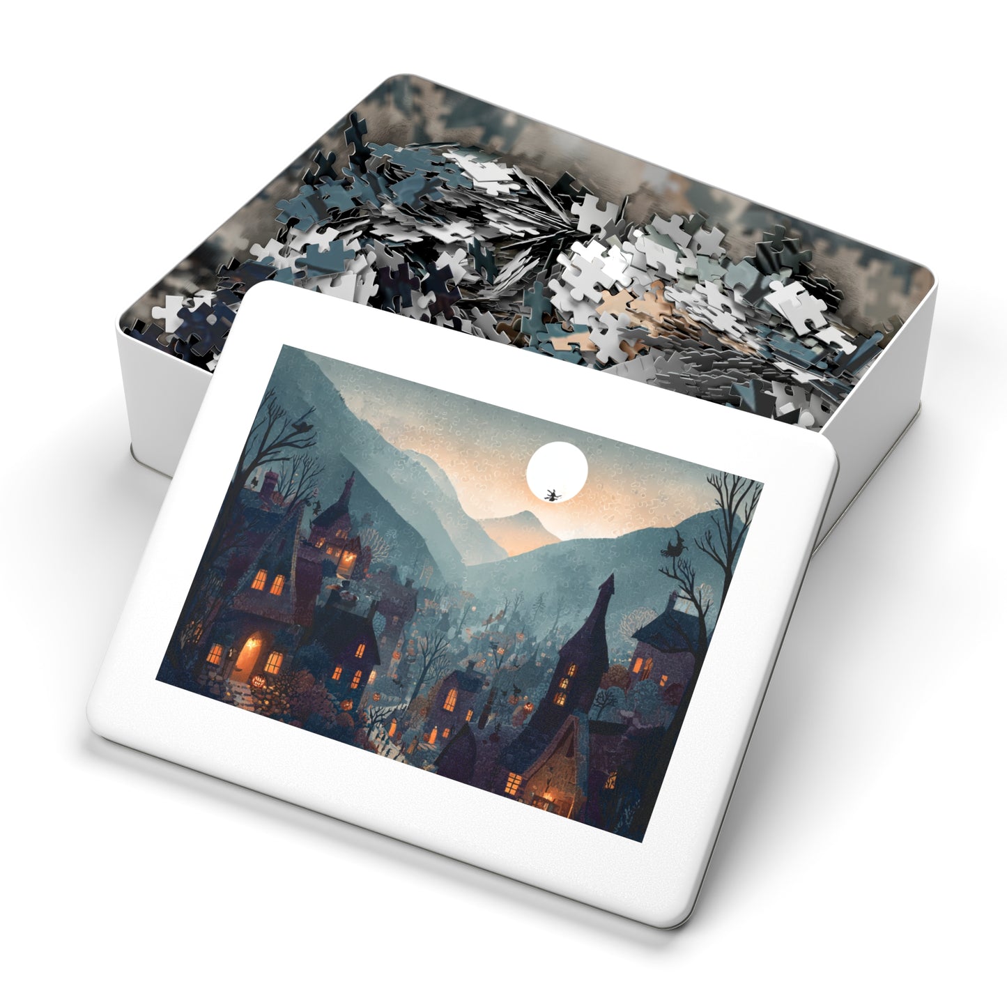 Witchs Coven Village Puzzle, Spooky Halloween Homes, Puzzle with Tin, Halloween Puzzle