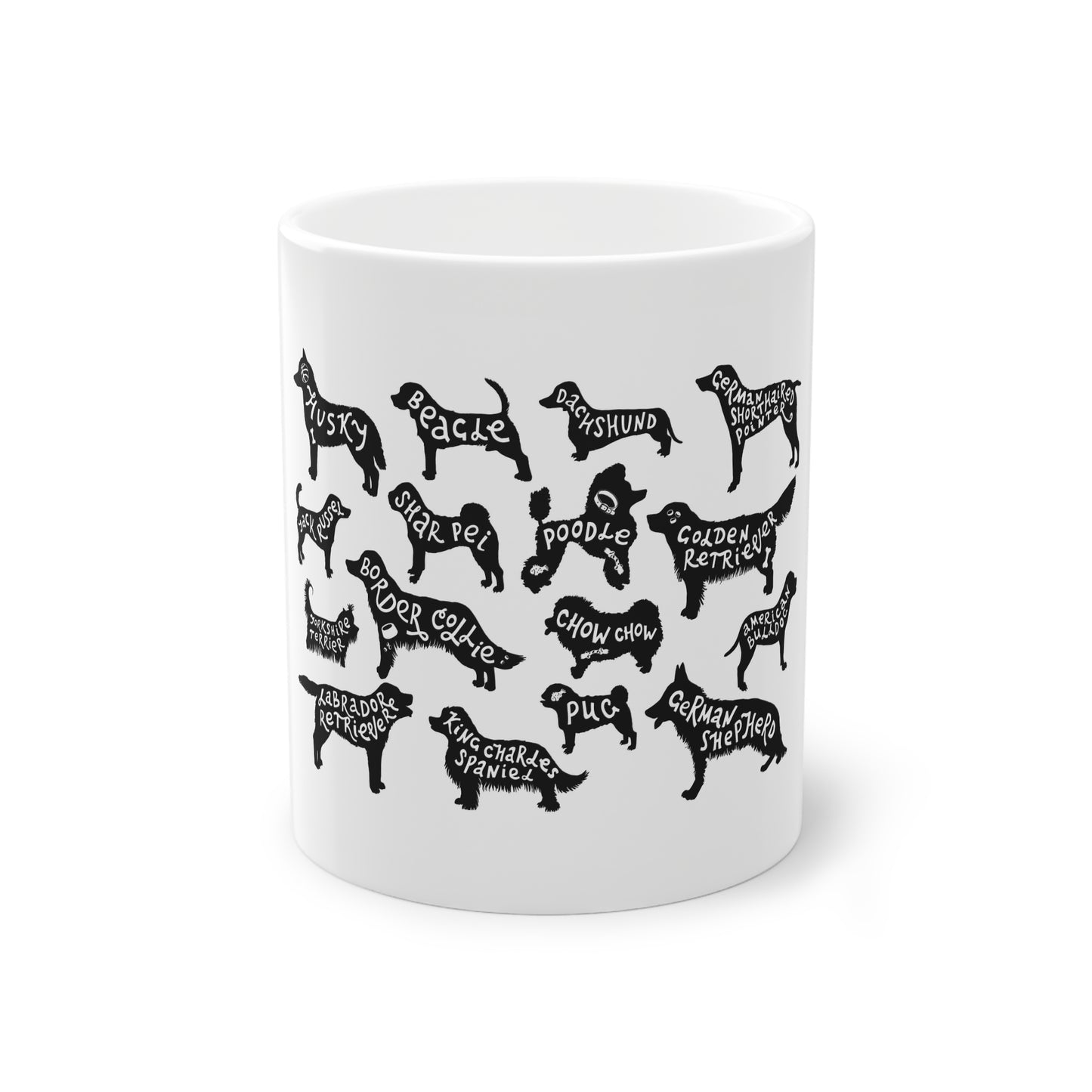 Dog Breeds Mug – Black Silhouette Breed Names Coffee Cup (11 oz)