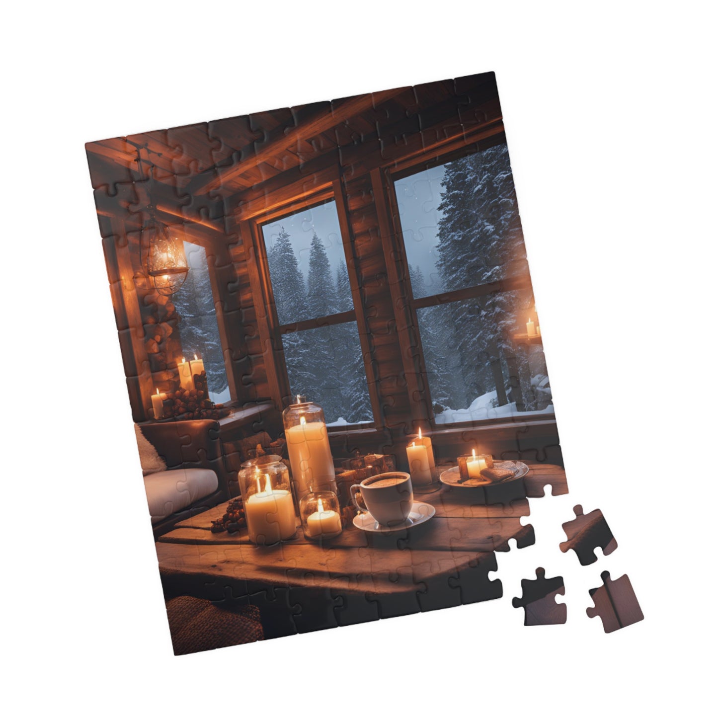 Winter Cabin Glow Puzzle – Cozy Rustic Cabin, Candlelight & Snowy Night, Perfect Winter & Holiday Gift