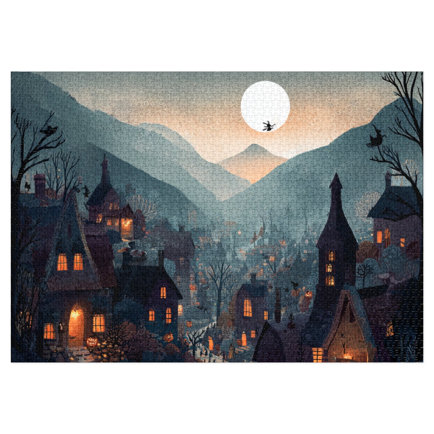 Witchs Coven Village Puzzle, Spooky Halloween Homes, Puzzle with Tin, Halloween Puzzle