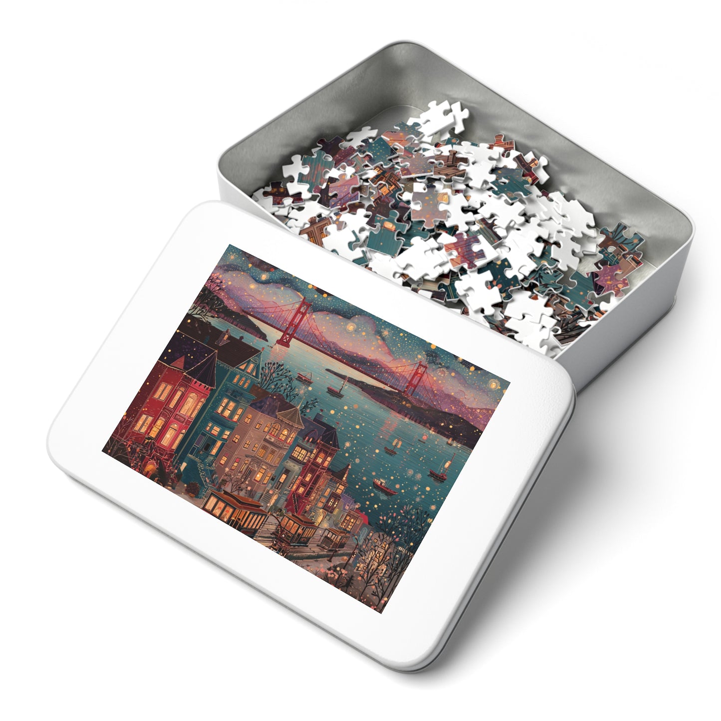 Whimsical San Francisco Puzzle – A Colorful City by the Bay-Jigsaw Puzzle with Tin