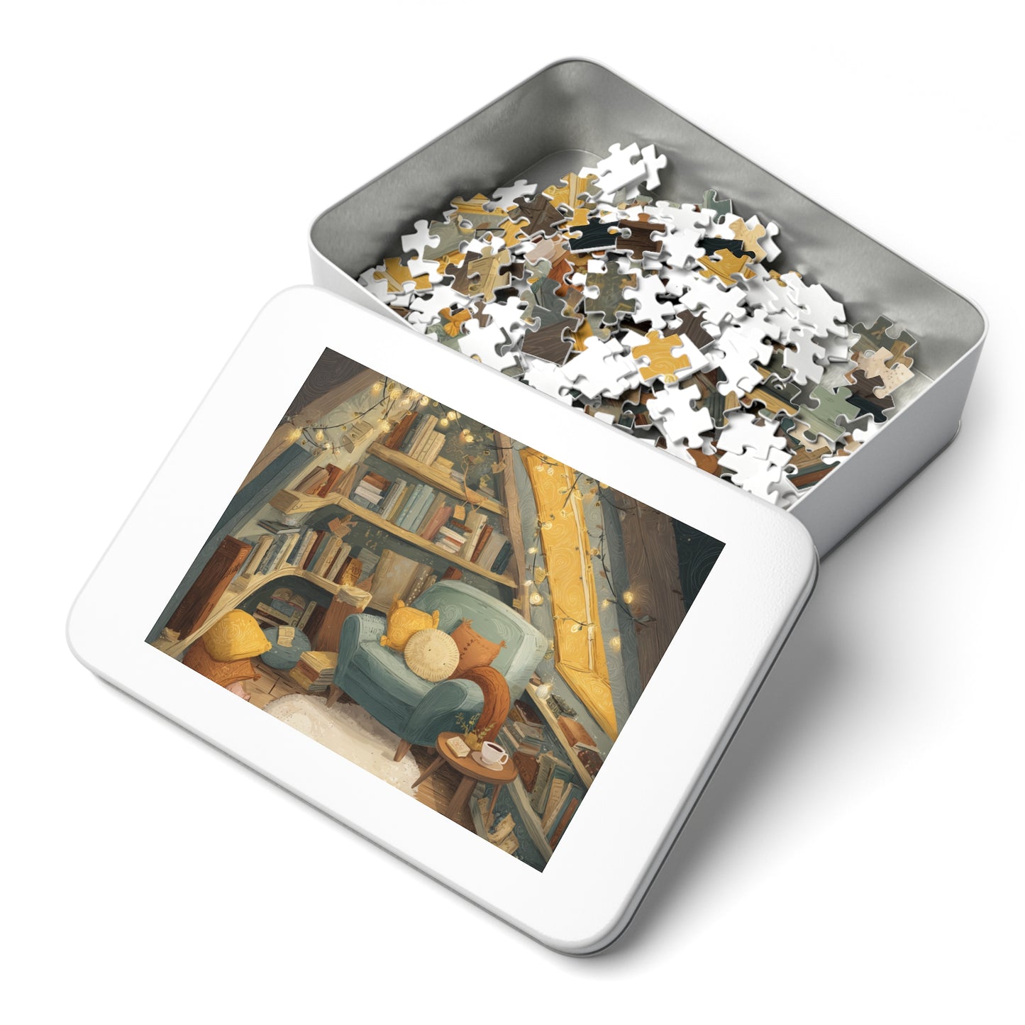Cozy Reading Nook Jigsaw Puzzle (with Tin) — Warm Attic Books & Tea Scene