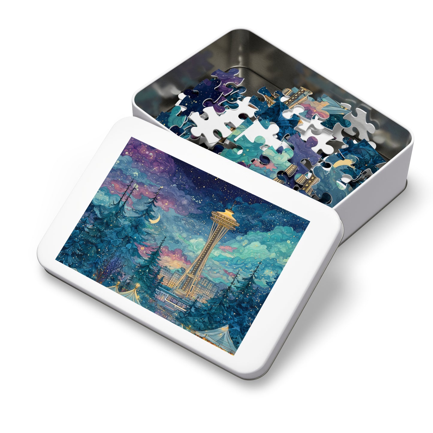 Whimsical Seattle Jigsaw Puzzle with Tin
