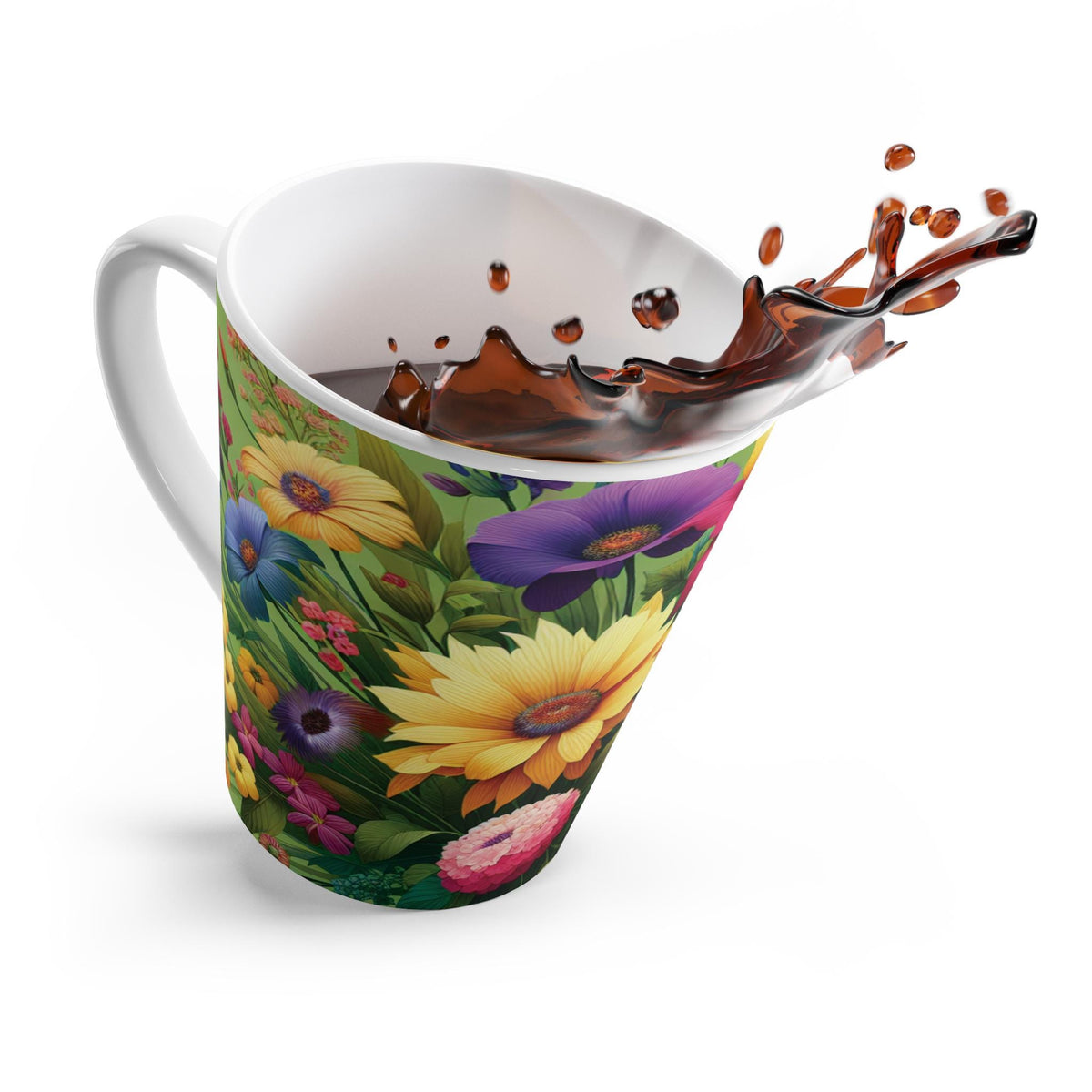 Floral Latte Mug, Bright Colorful 12 oz Coffee Cup with Pink, Yellow, Gift for Flower Lovers, Gift for Coffee Lovers, 12 oz Mug