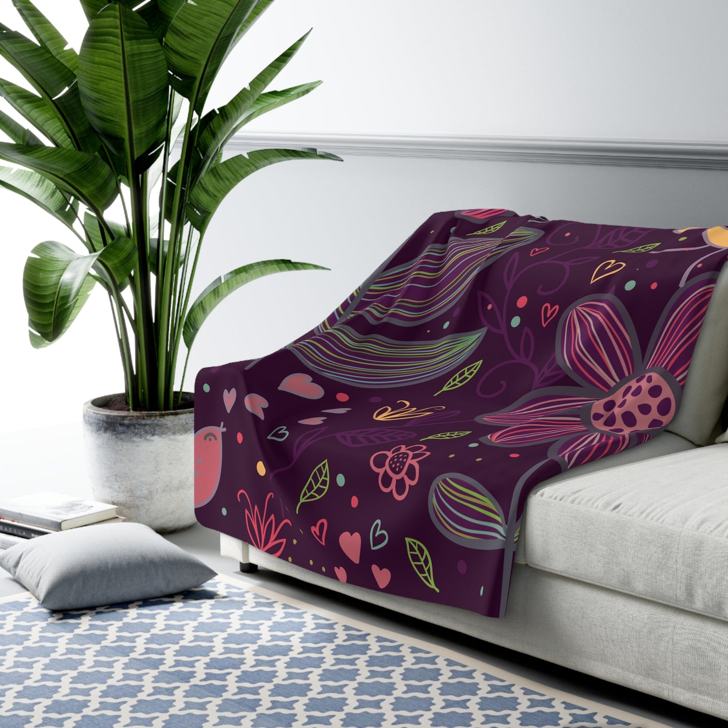Floral Night Birds Sherpa Fleece Blanket — Cozy Purple Flower & Bird Throw