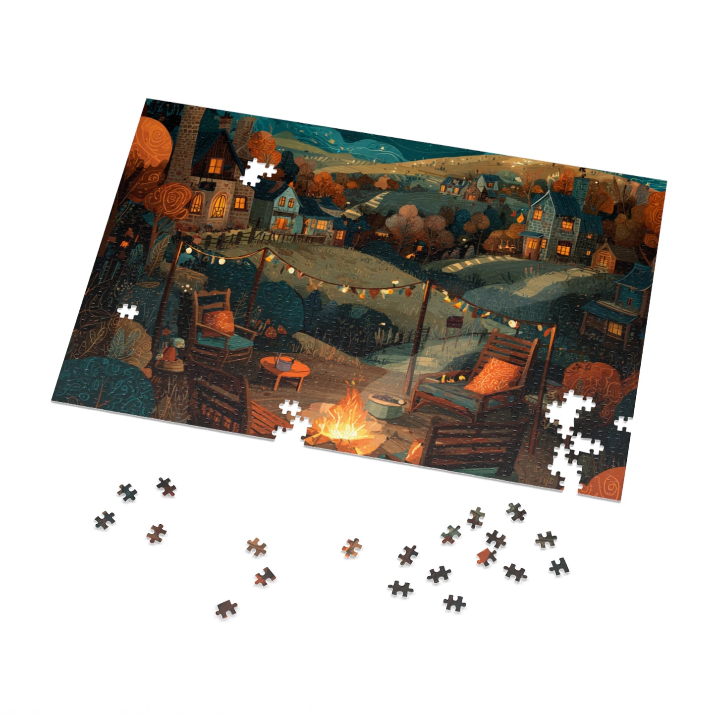 Cozy Campfire Village Jigsaw Puzzle with Tin — 500pc Scenic Nighttime Puzzle