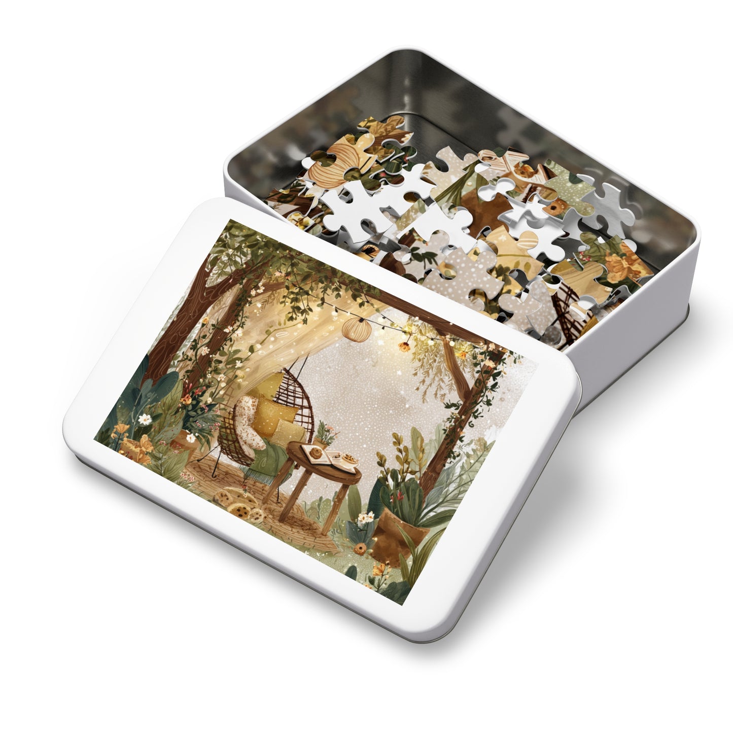 Cozy Garden Retreat Jigsaw Puzzle with Tin – 500-Piece Tranquil Reading Nook Scene