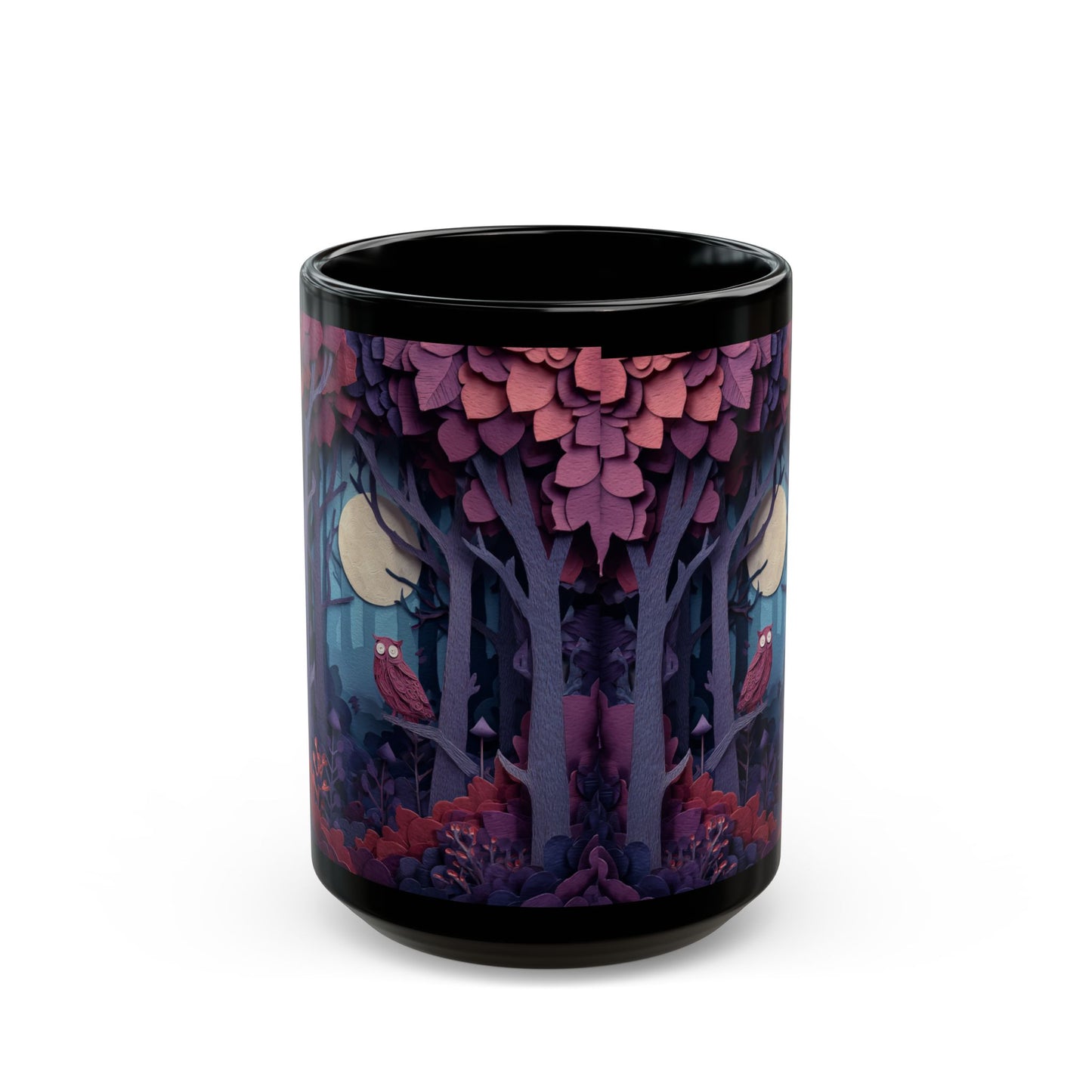 Black Mug with Mystical Forest, Owl and Moon, Colorful Autumn Coffee Cup, Magical Fall Drinkware, 11oz and 15oz
