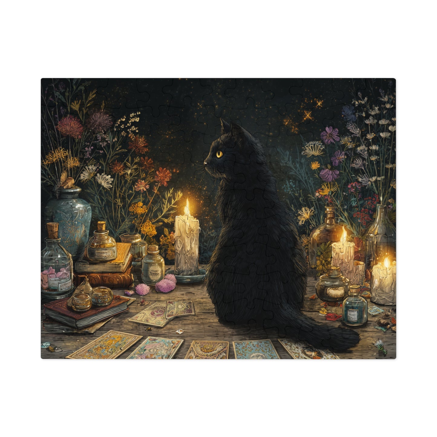 Mystical Black Cat Puzzle,  Enchanted Tarot, Candles & Herbs Jigsaw Puzzle in Gift Tin - Mystical Vibes, Halloween Gift. Gothic Gift